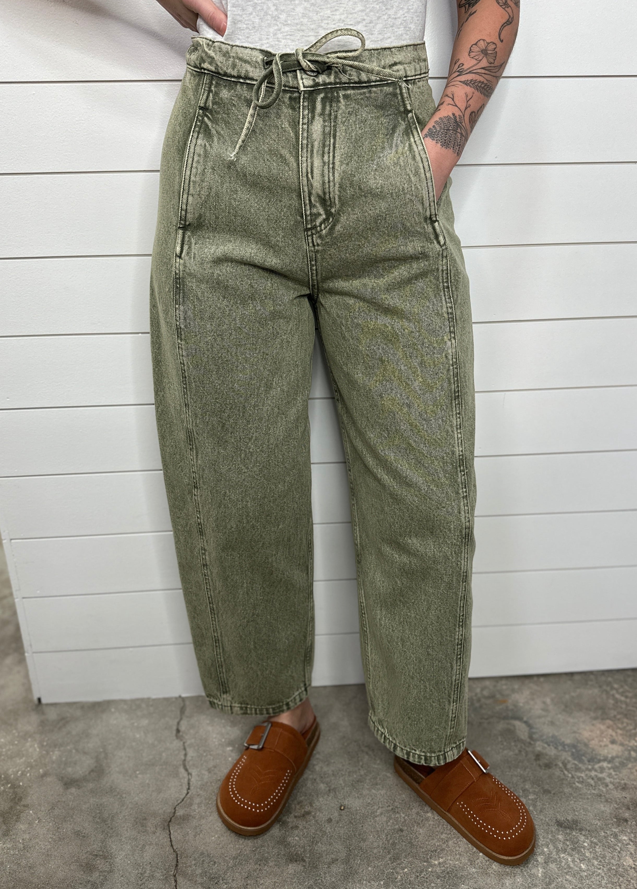 Olive Bow Barrel Jeans