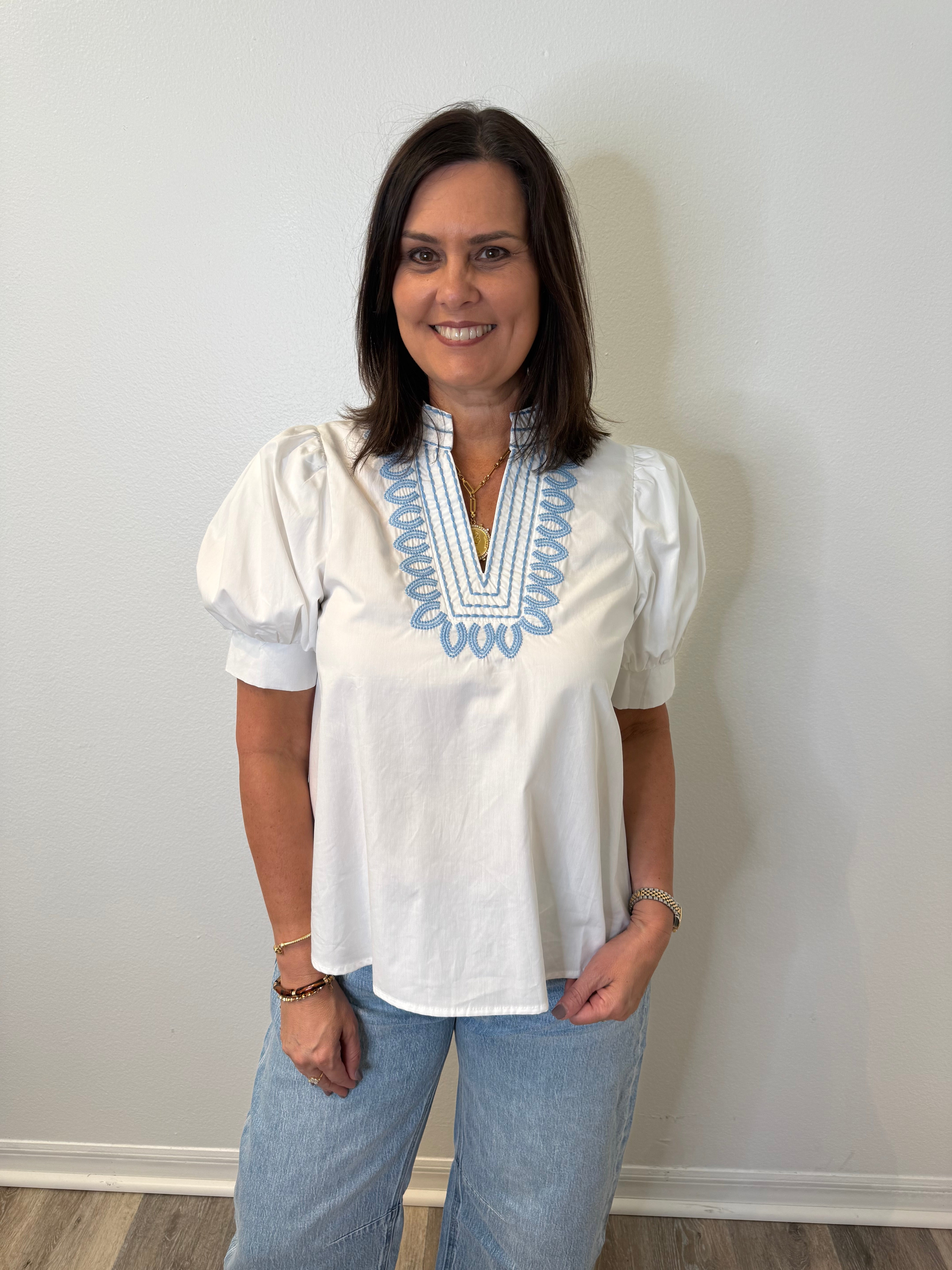 White/Blue Embroidered Blouse