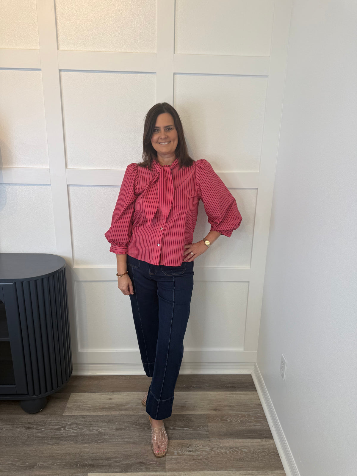 Mauve Stripe Tie Neck Blouse