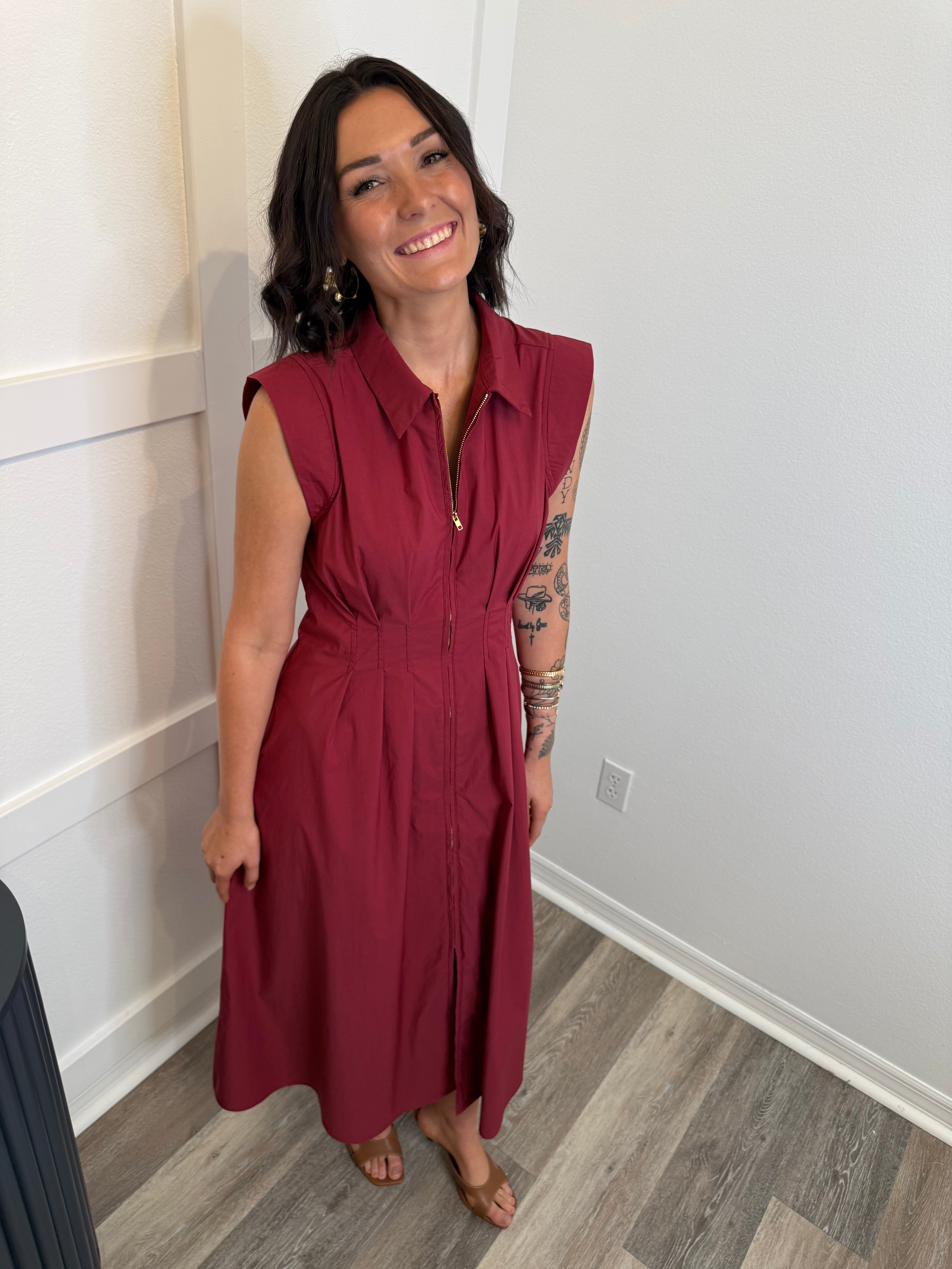 Burgundy Zip Front Midi Dress