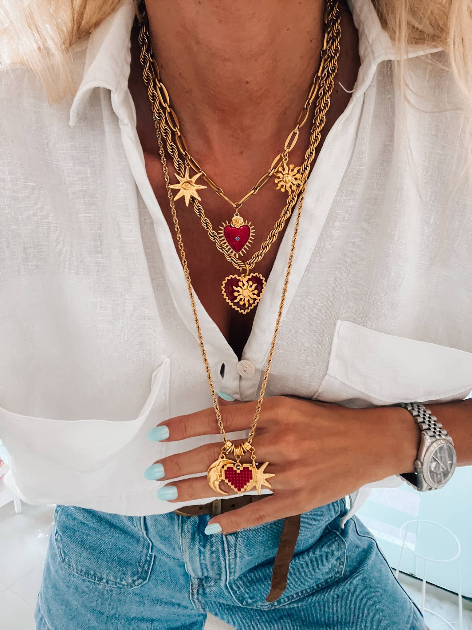 Gold and red hearts charm necklace