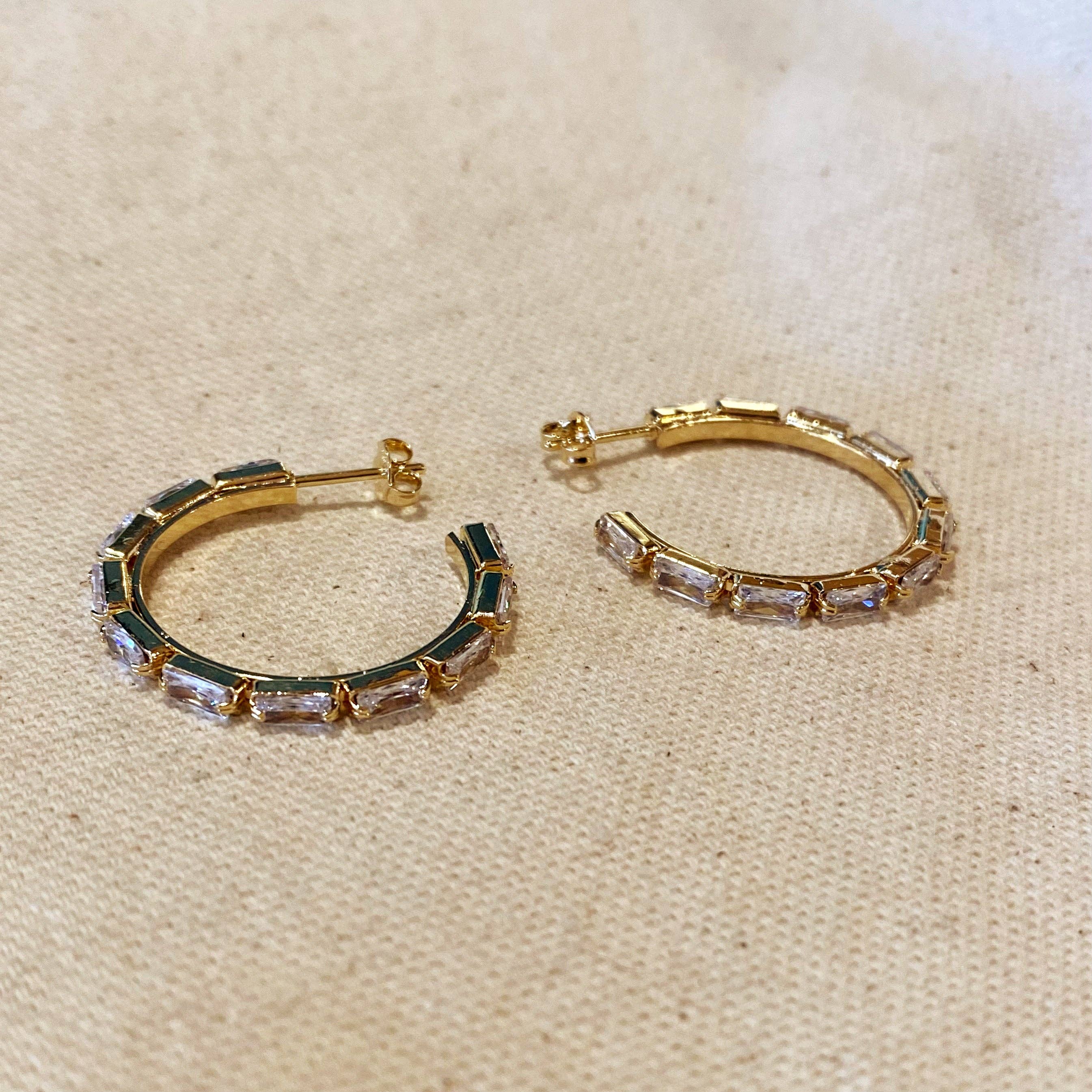 18k Gold Filled Baguette Cubic Zircon Hoop Earrings