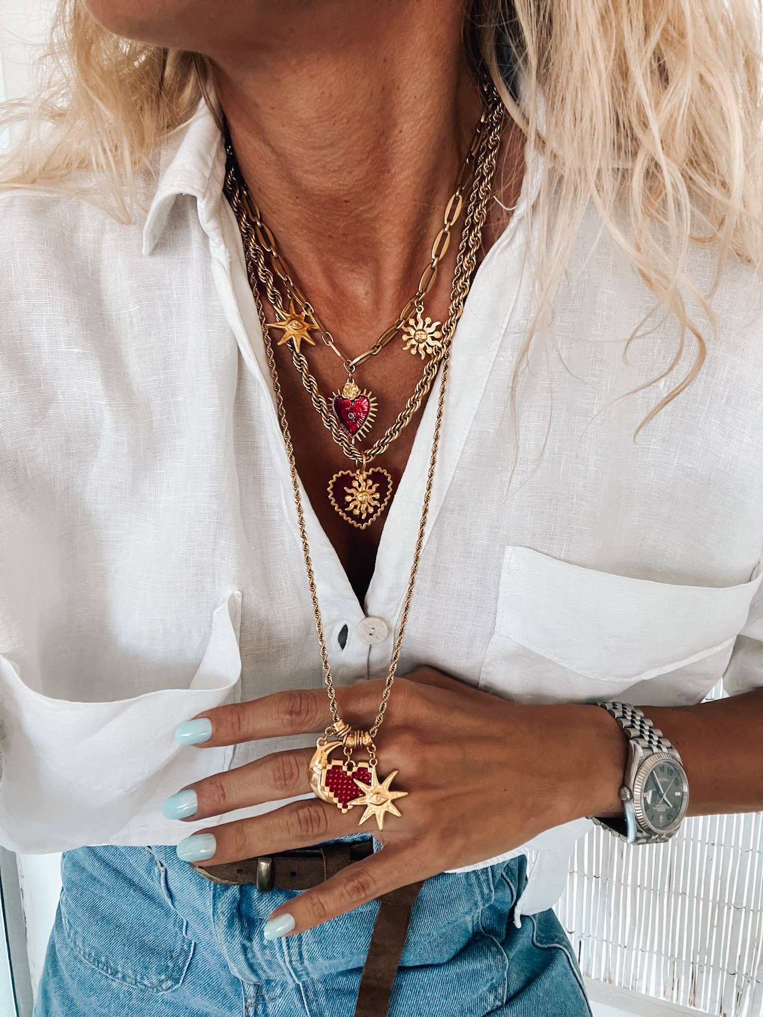 Gold and red hearts charm necklace