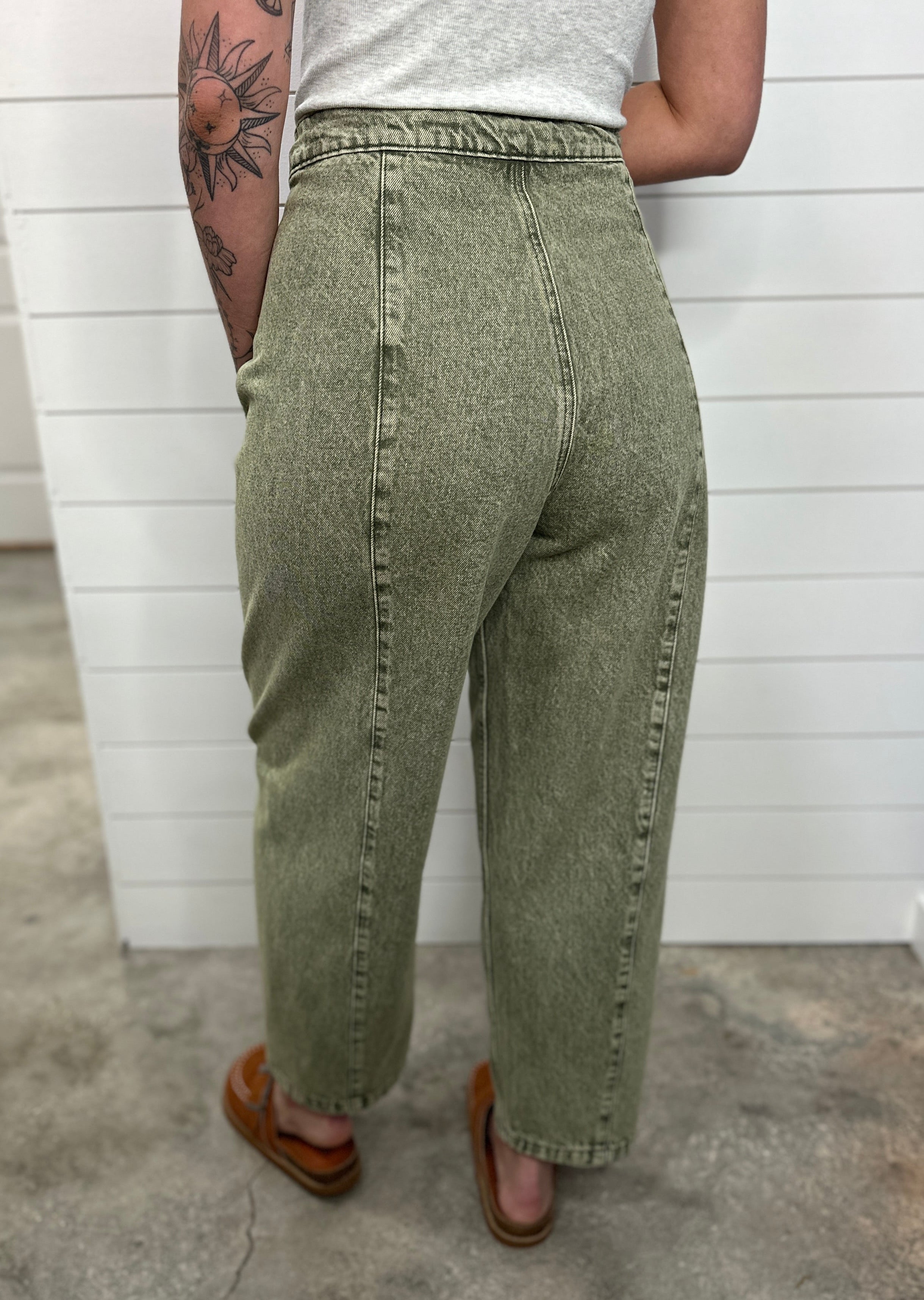 Olive Bow Barrel Jeans