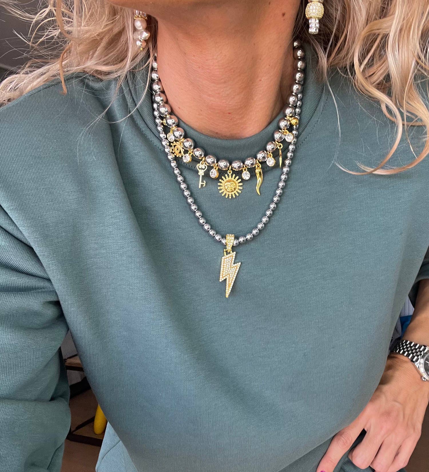 Silver and gold details charm necklaces