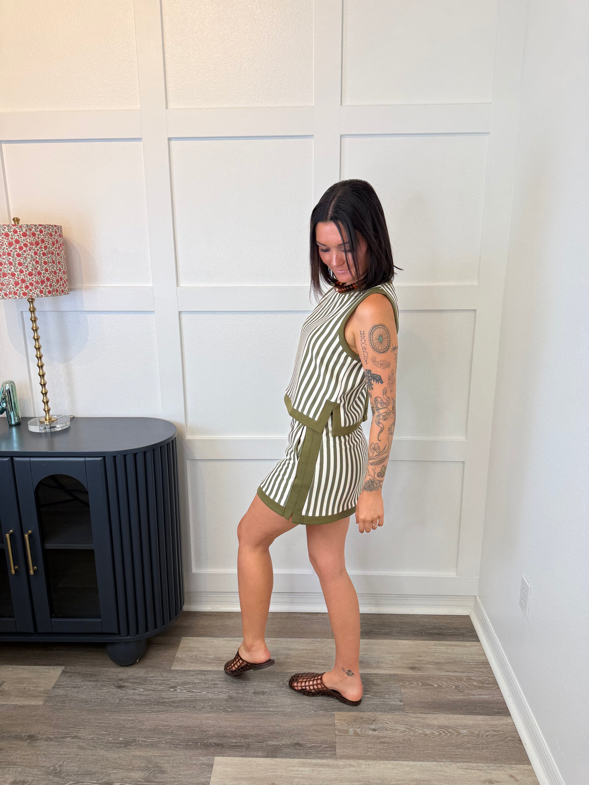 Olive Stripe Skort Set