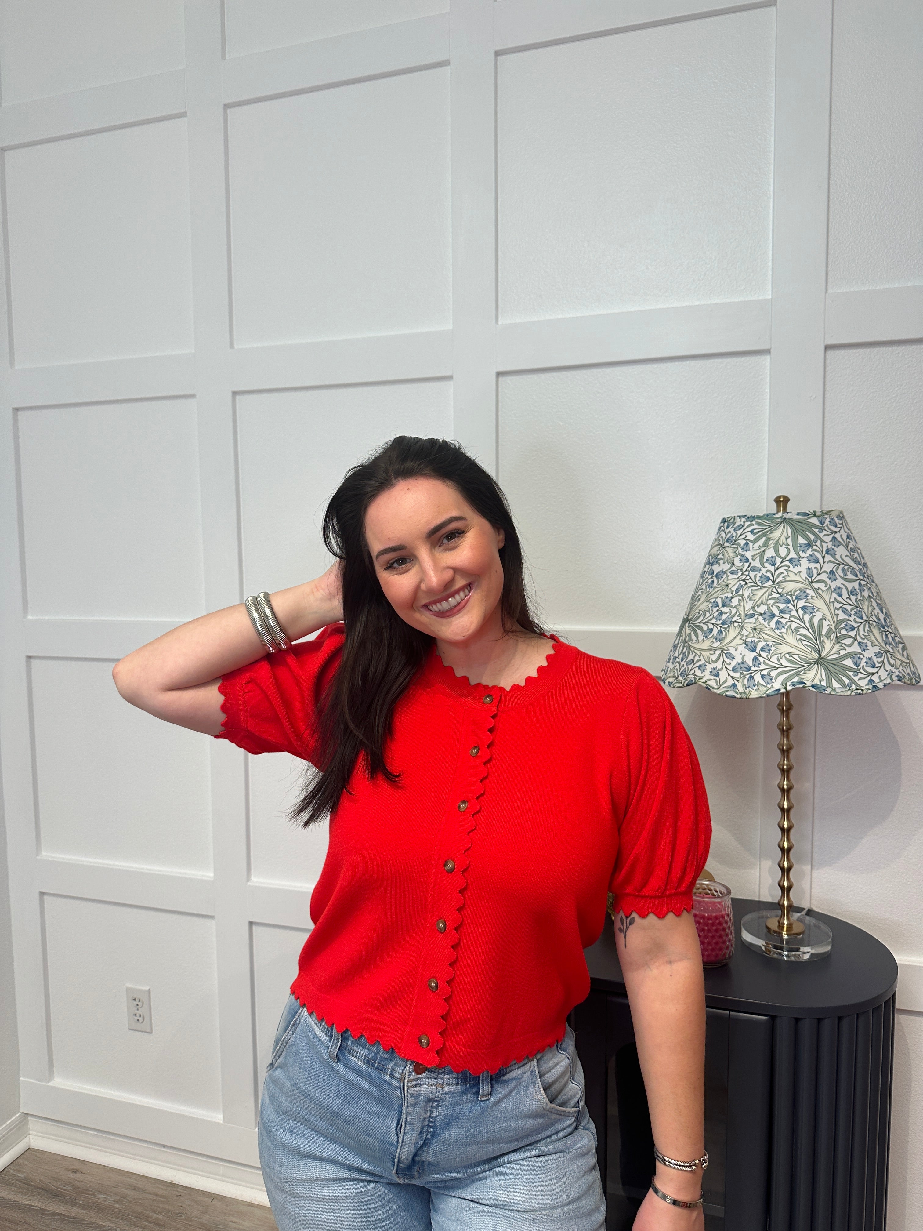 Red Scalloped Cardigan