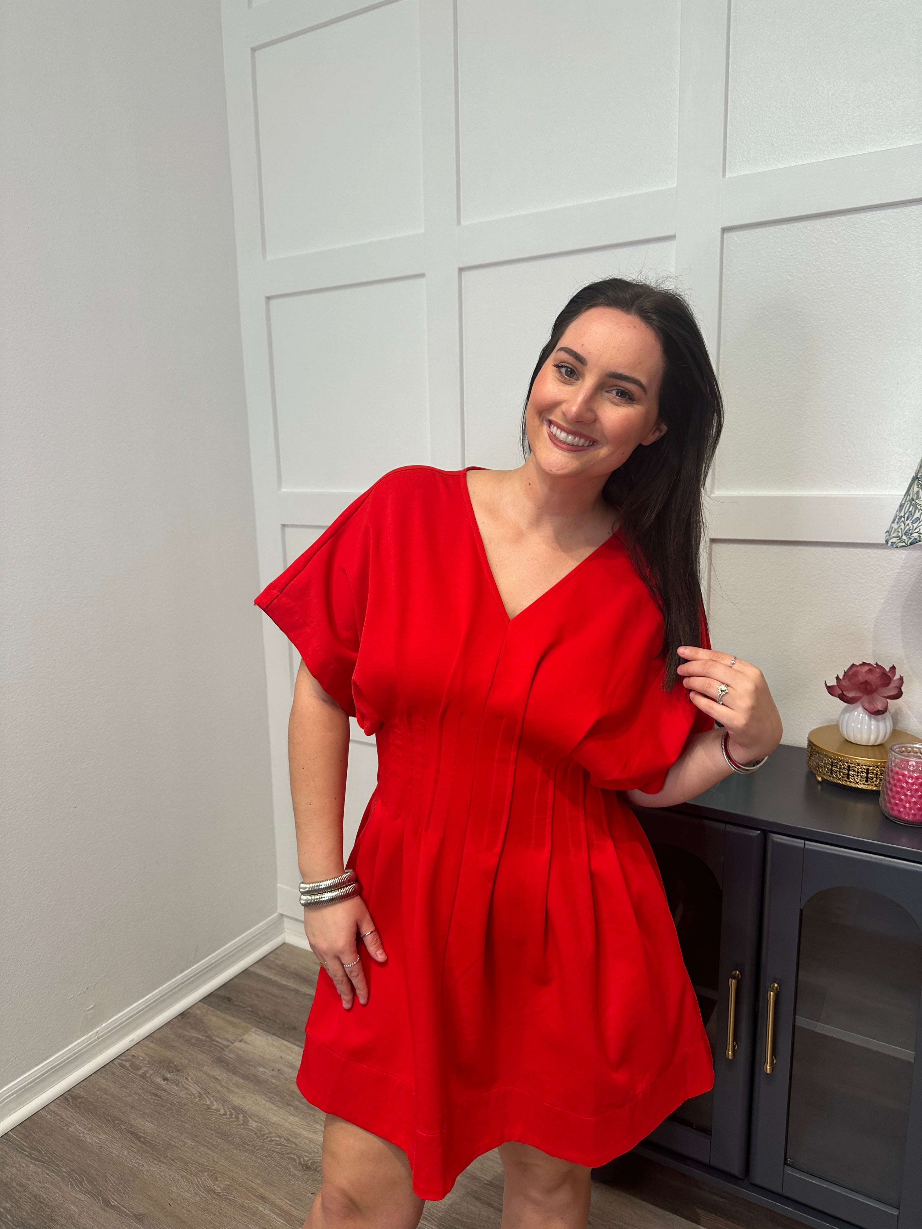 Red Pleated Waist Dress