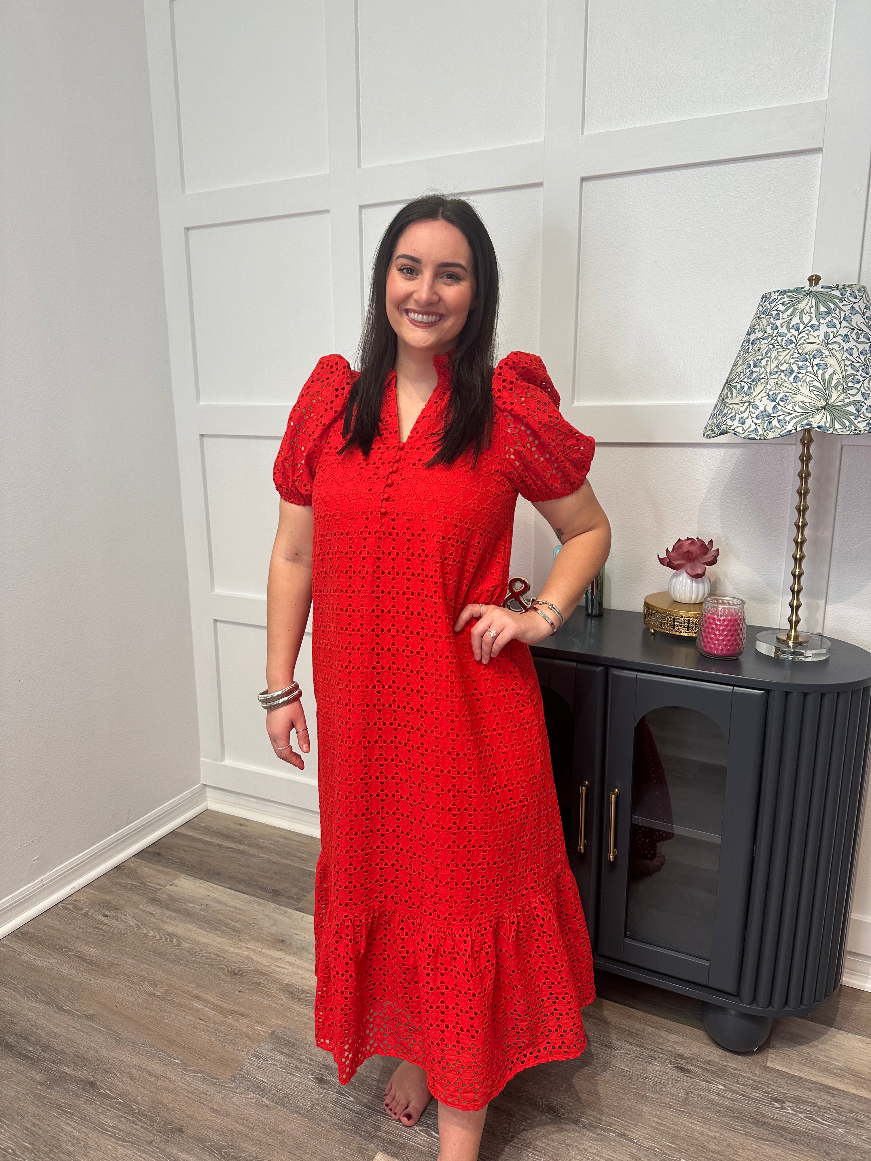 Red Eyelet Maxi Dress