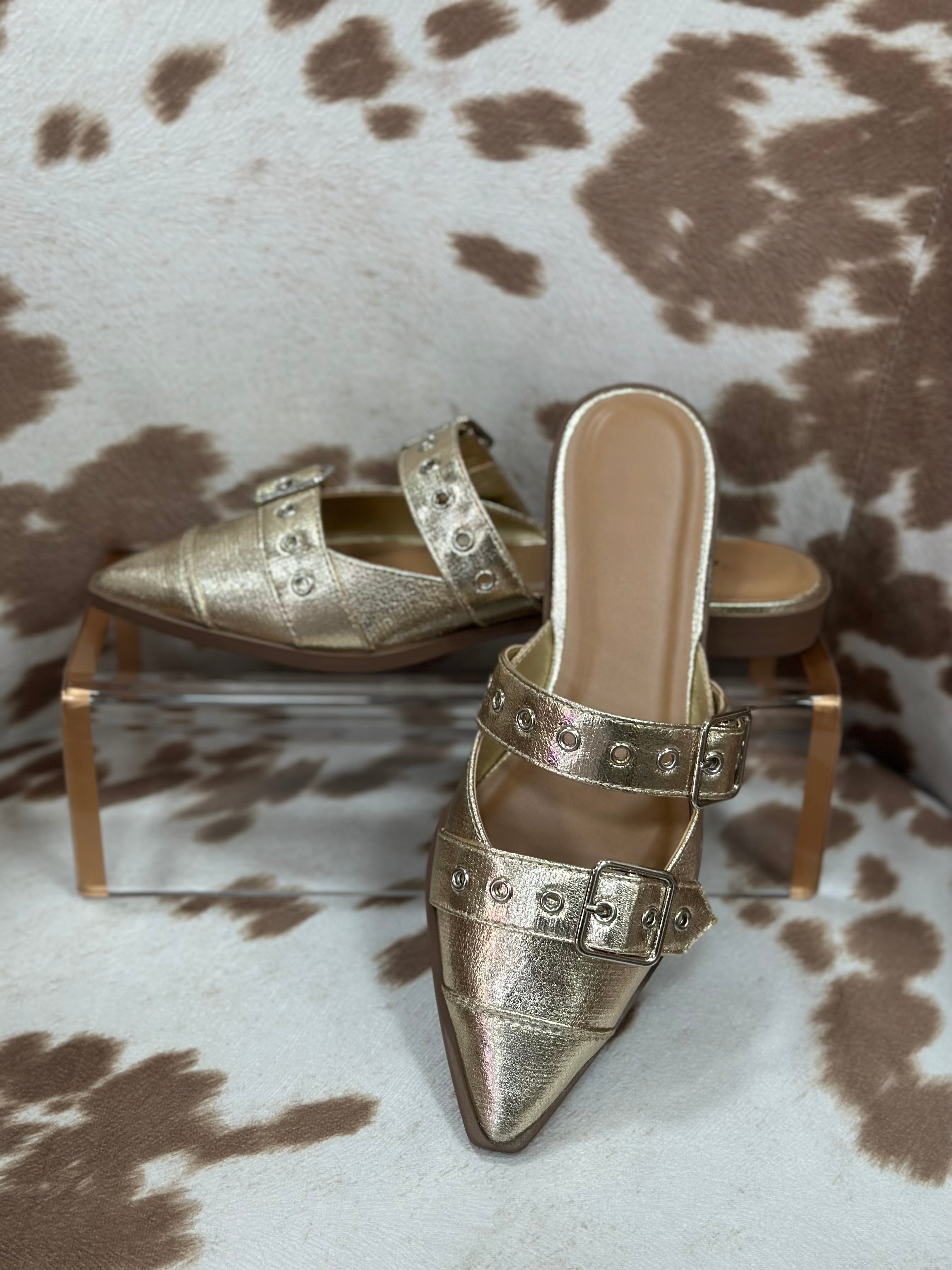 GOLD POINTED TOE SLIP ON FLATS