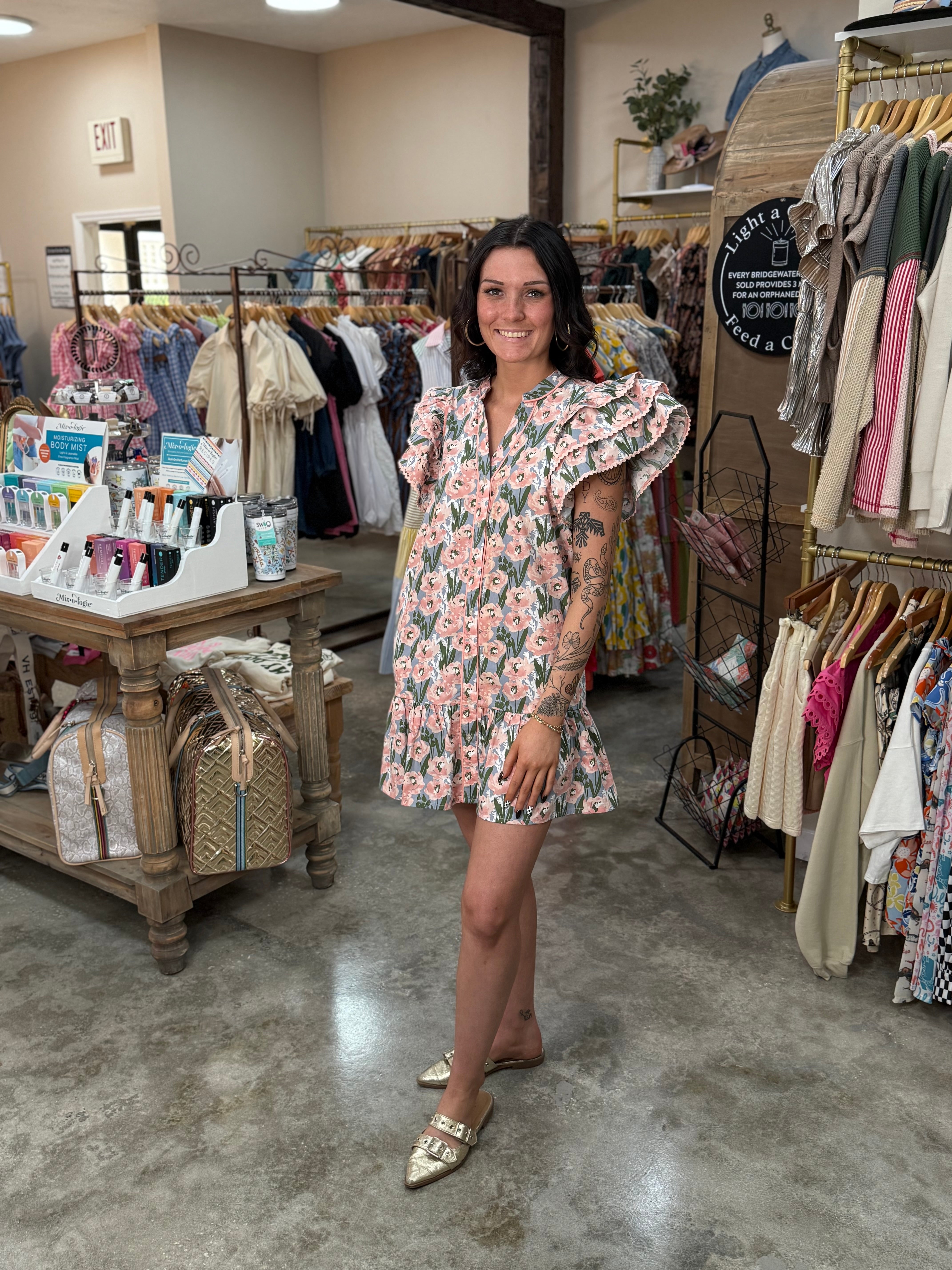 Pink floral dress in Denim & Magnolias store