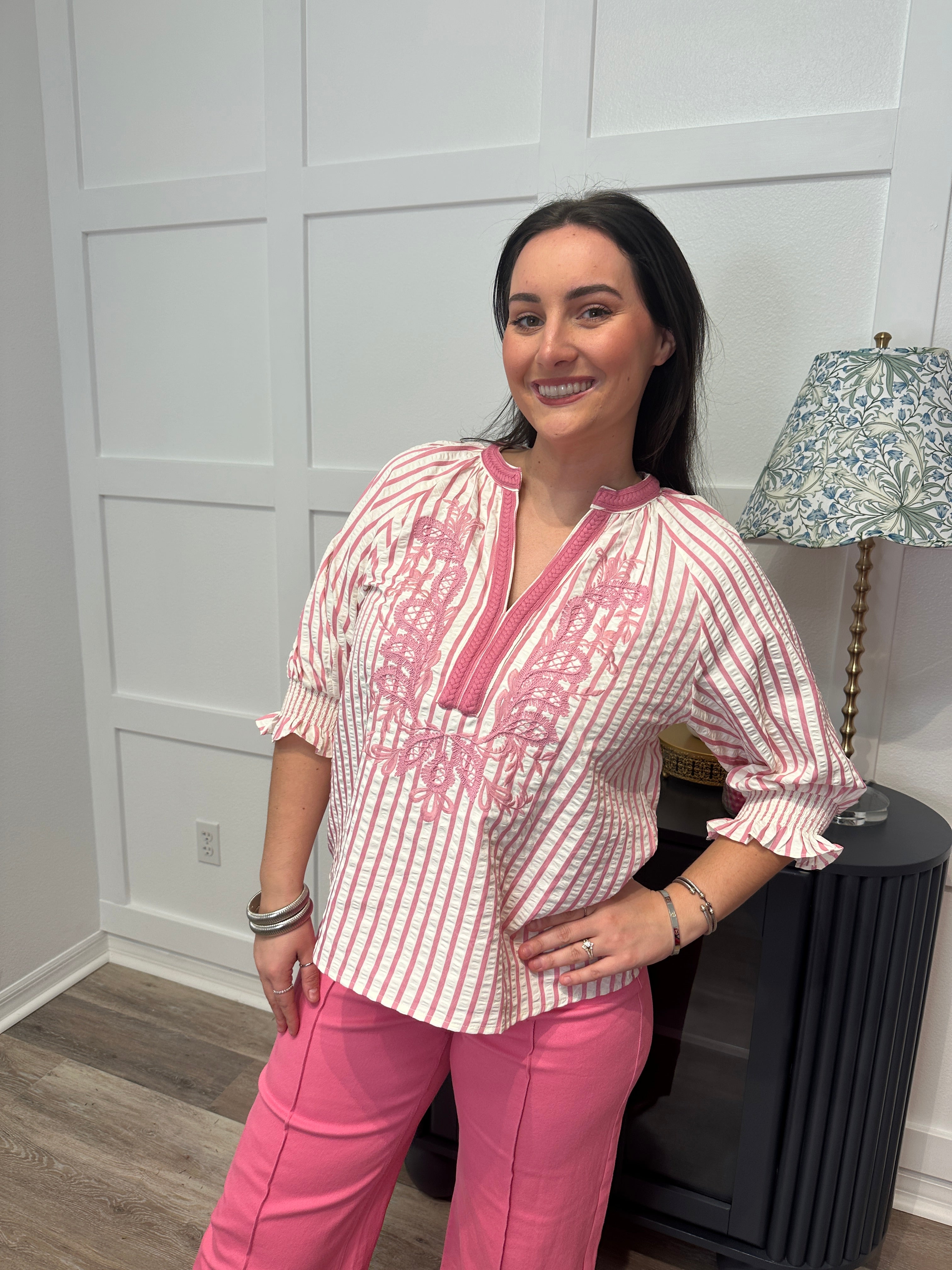 Pink Embroidered Stripe