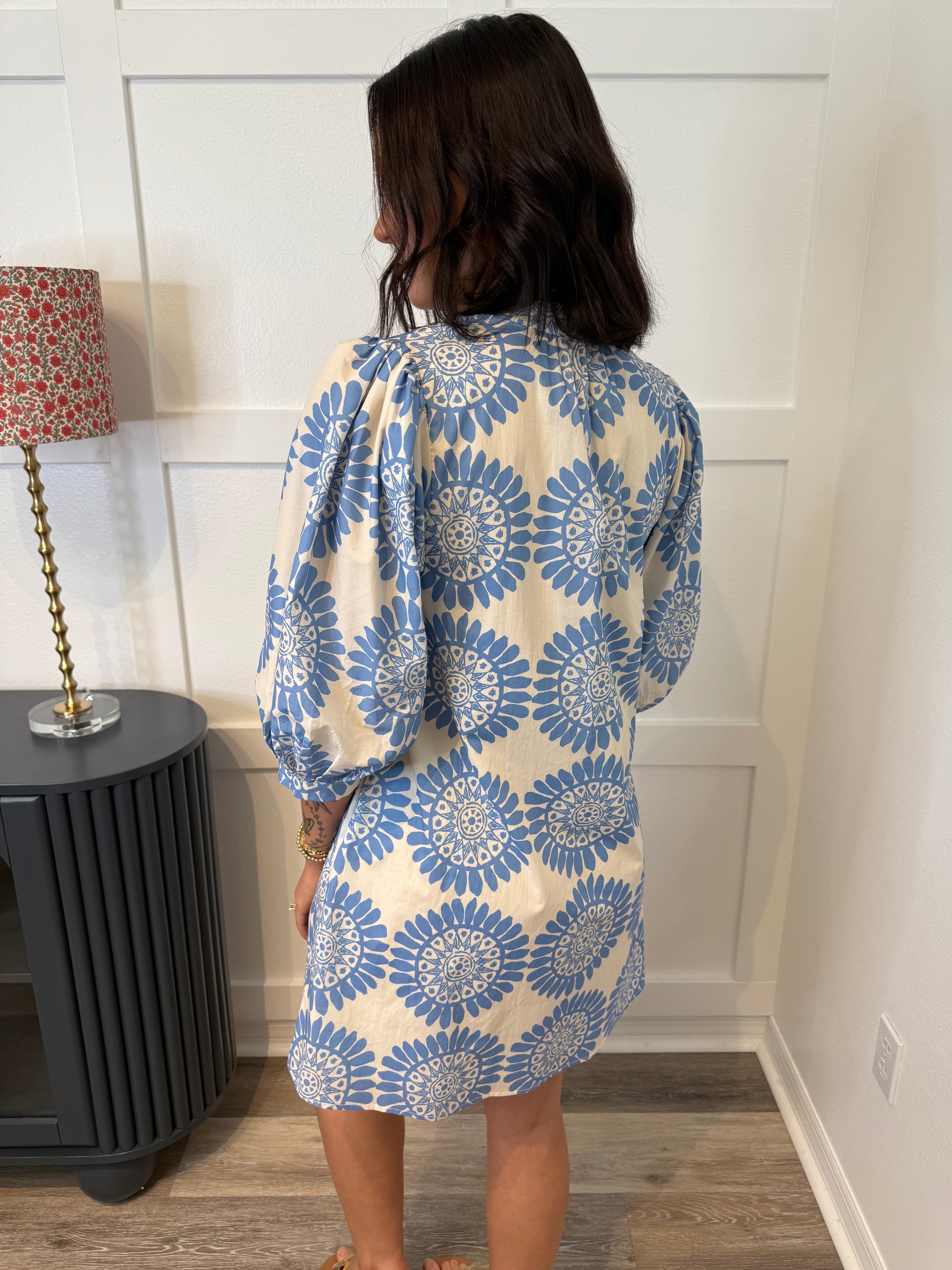 Blue and Cream Puff Sleeve Dress