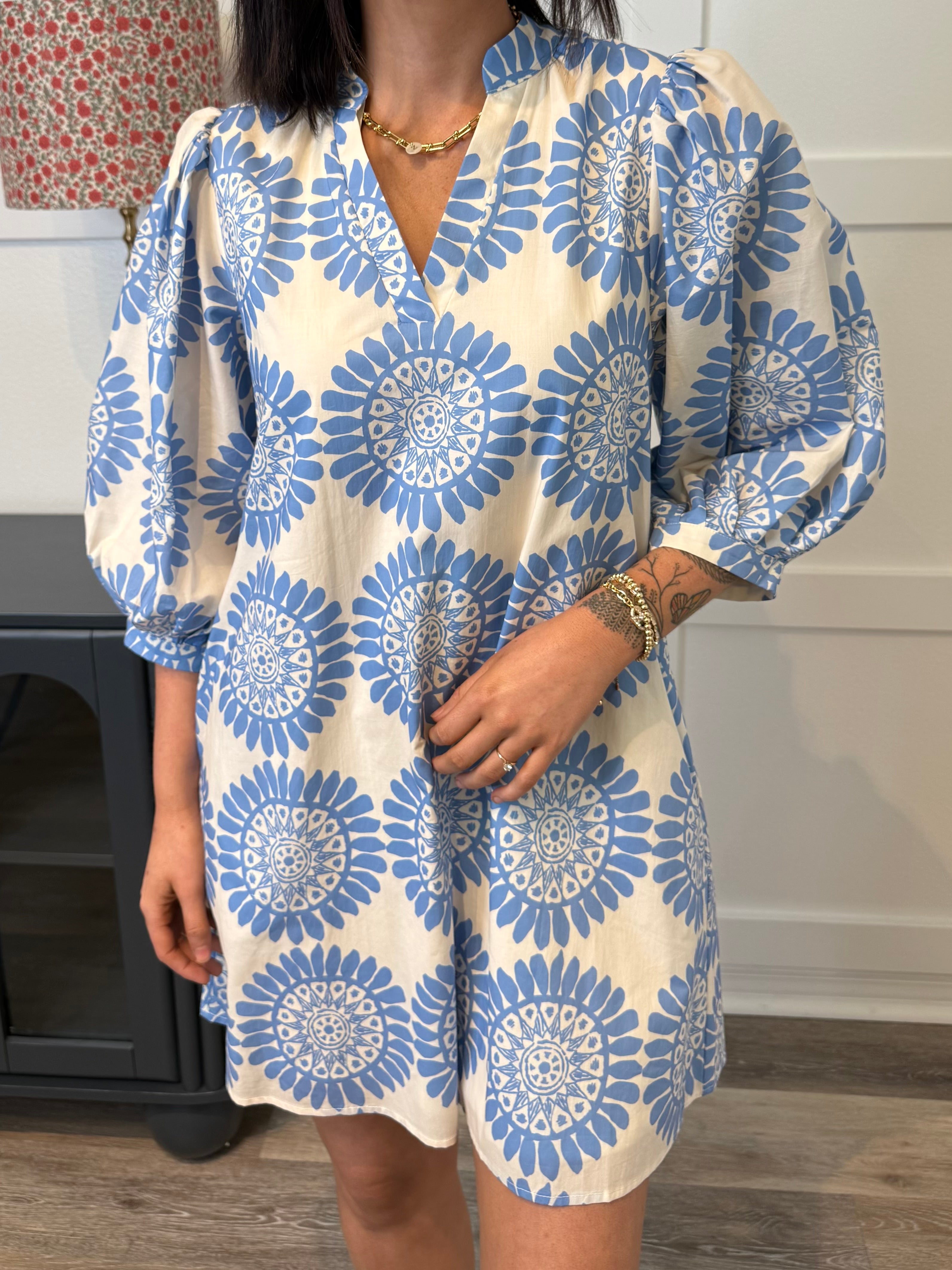 Blue and Cream Puff Sleeve Dress