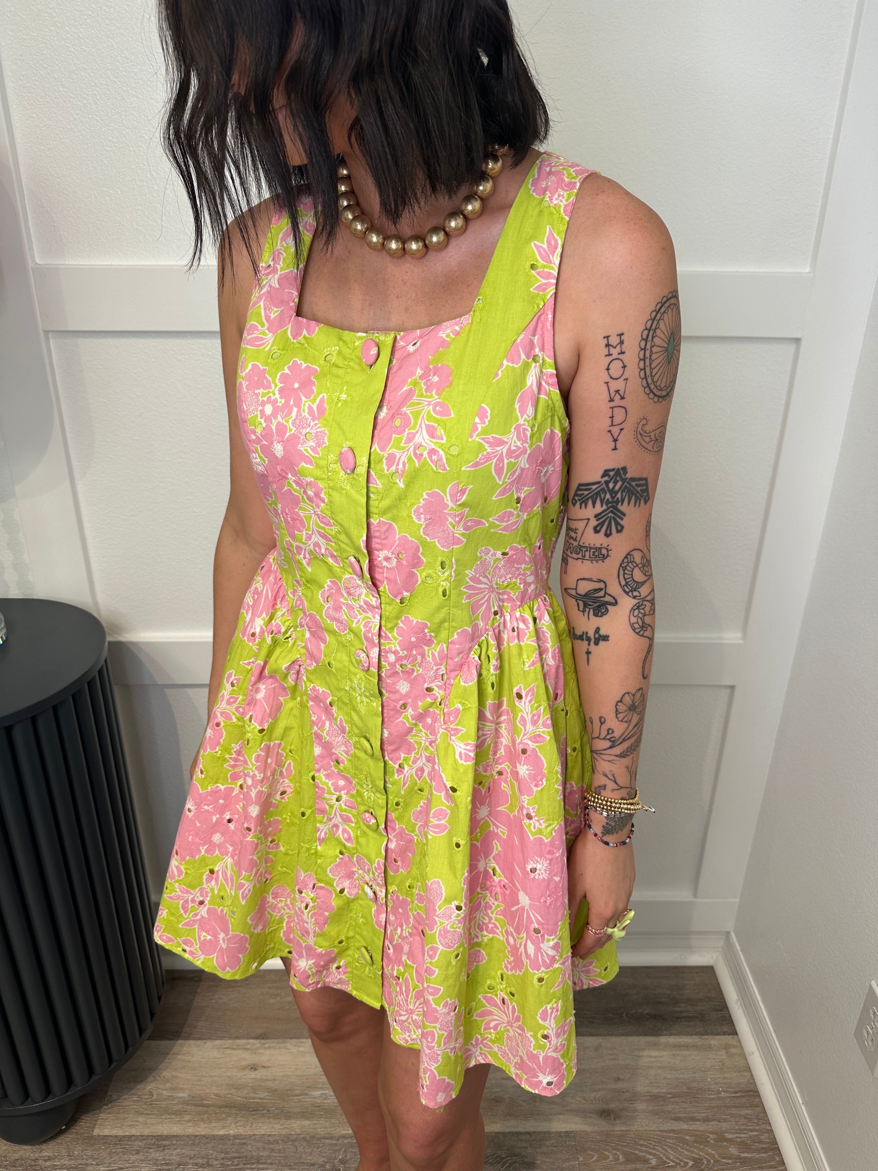 Apple Green and Pink Eyelet Dress