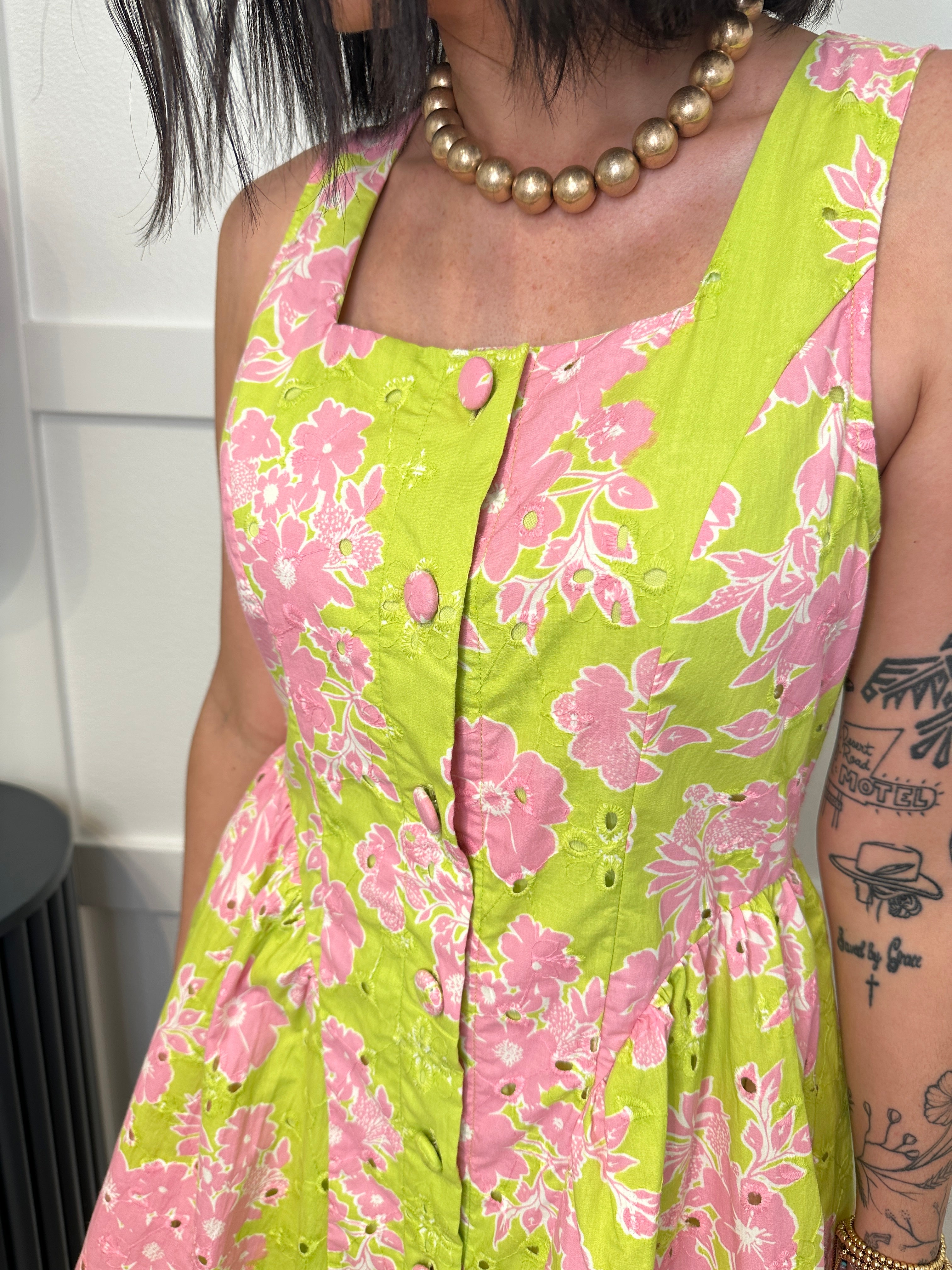 Apple Green and Pink Eyelet Dress