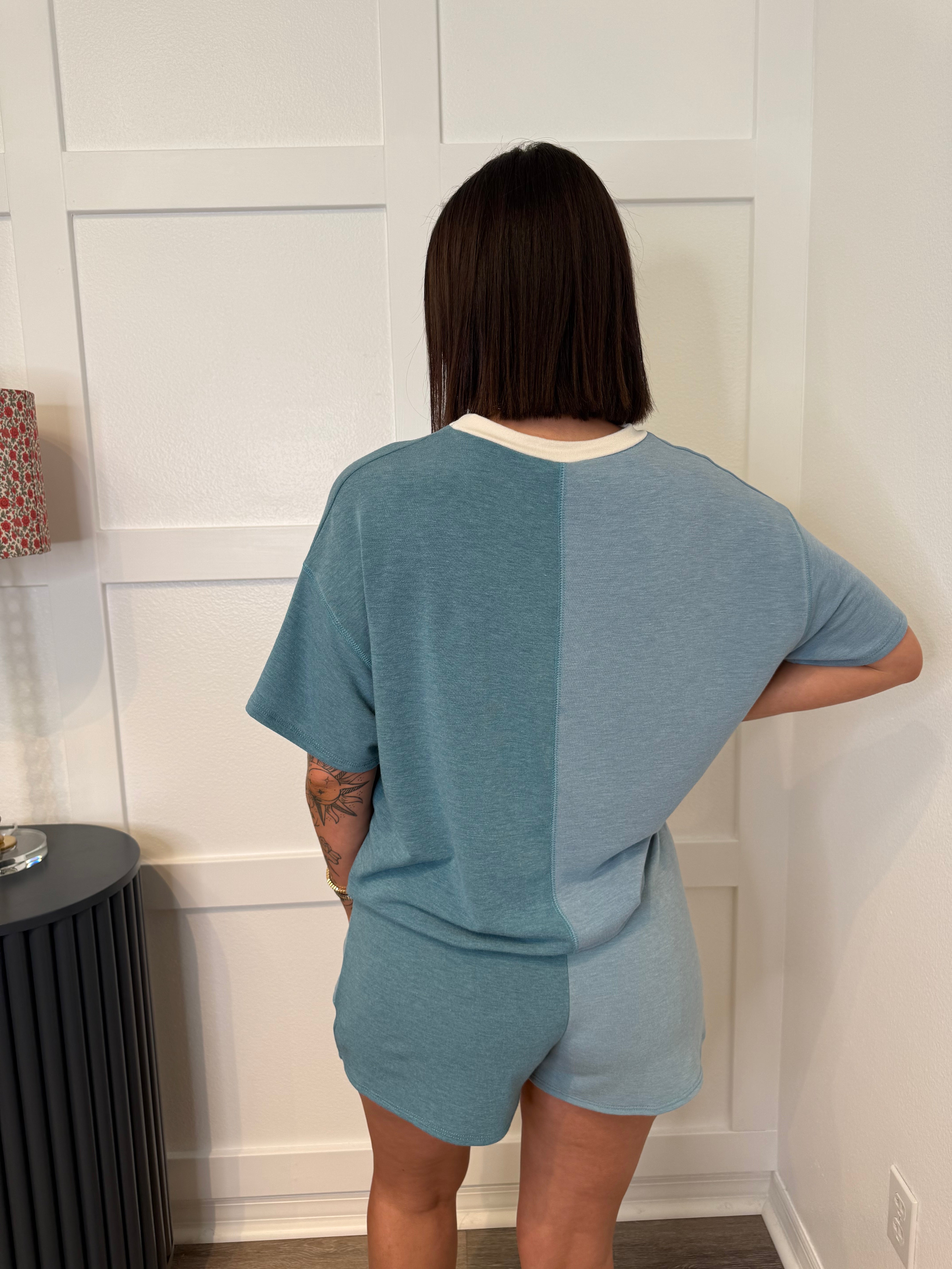 Blue Multi Color Block Short Set