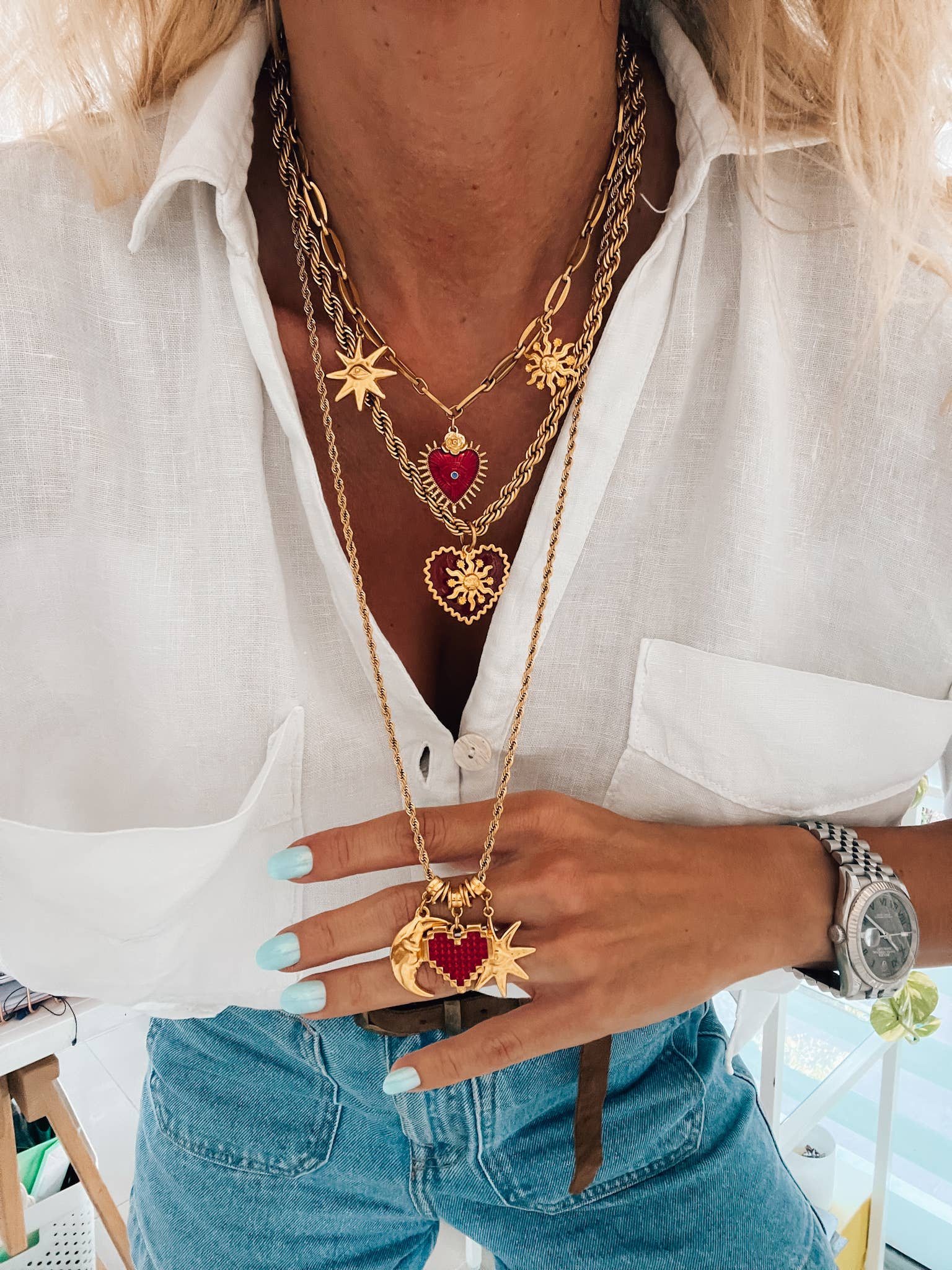 Gold and red hearts charm necklace