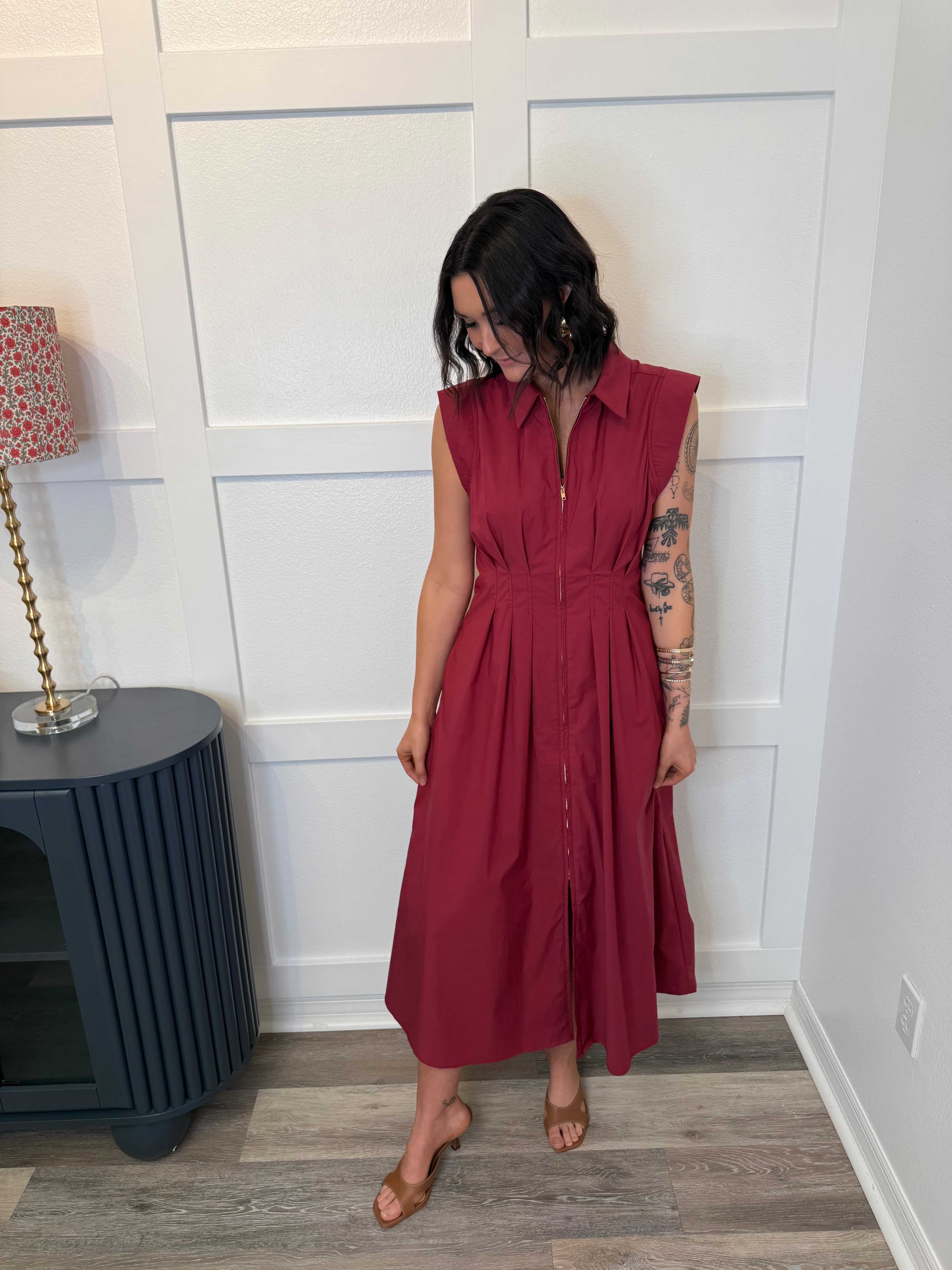 Burgundy Zip Front Midi Dress