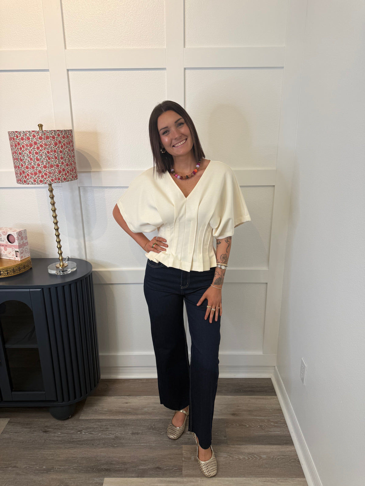 Cream Pleated Top