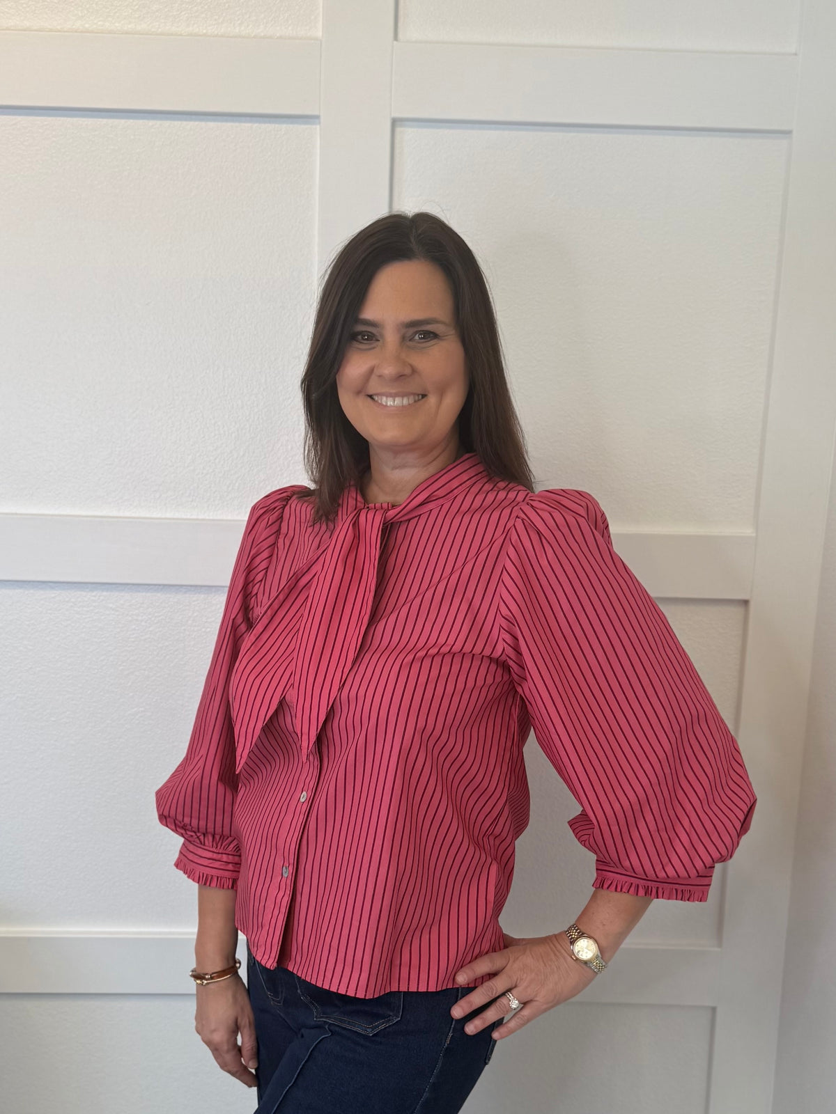 Mauve Stripe Tie Neck Blouse
