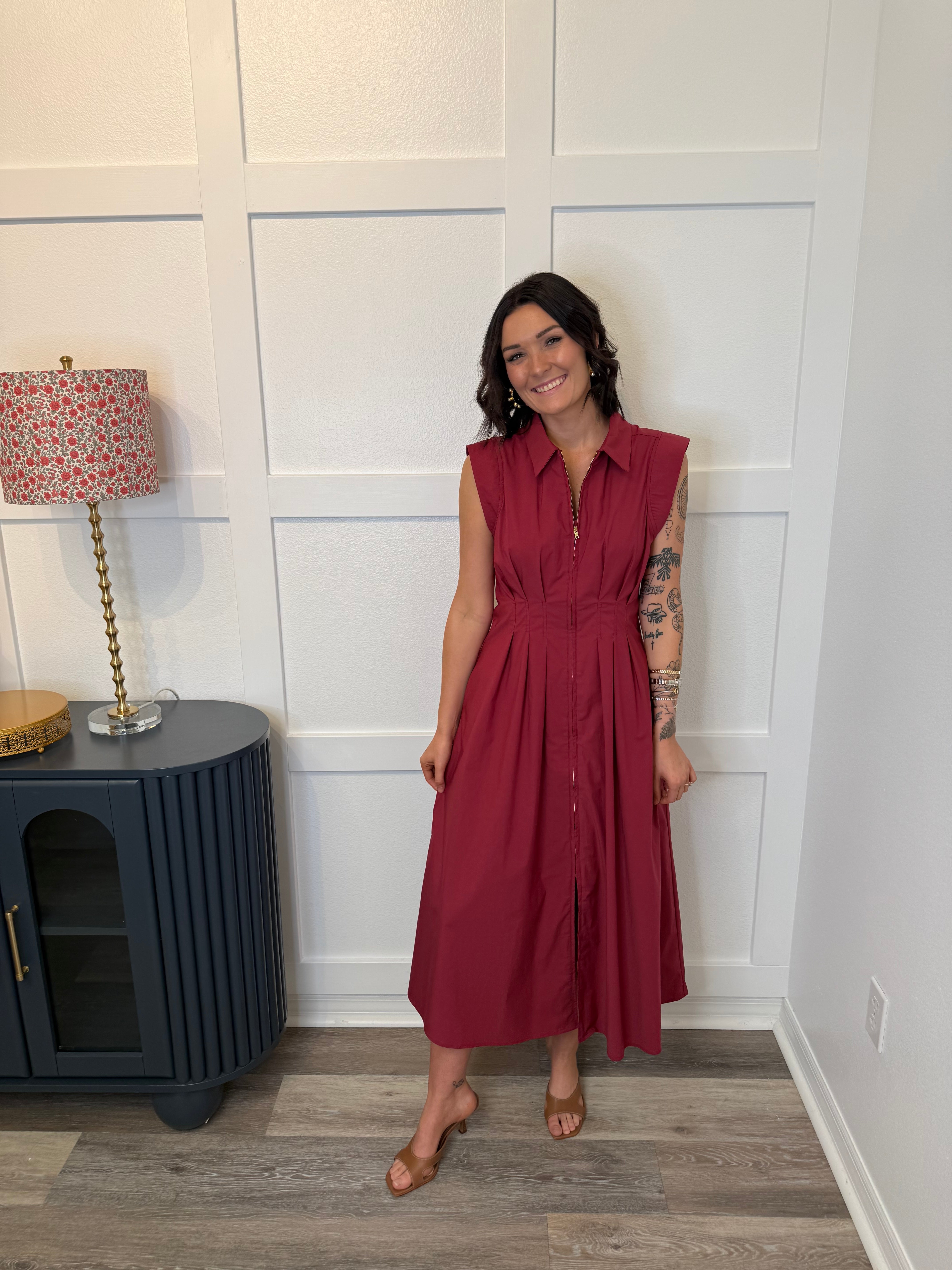 Burgundy Zip Front Midi Dress