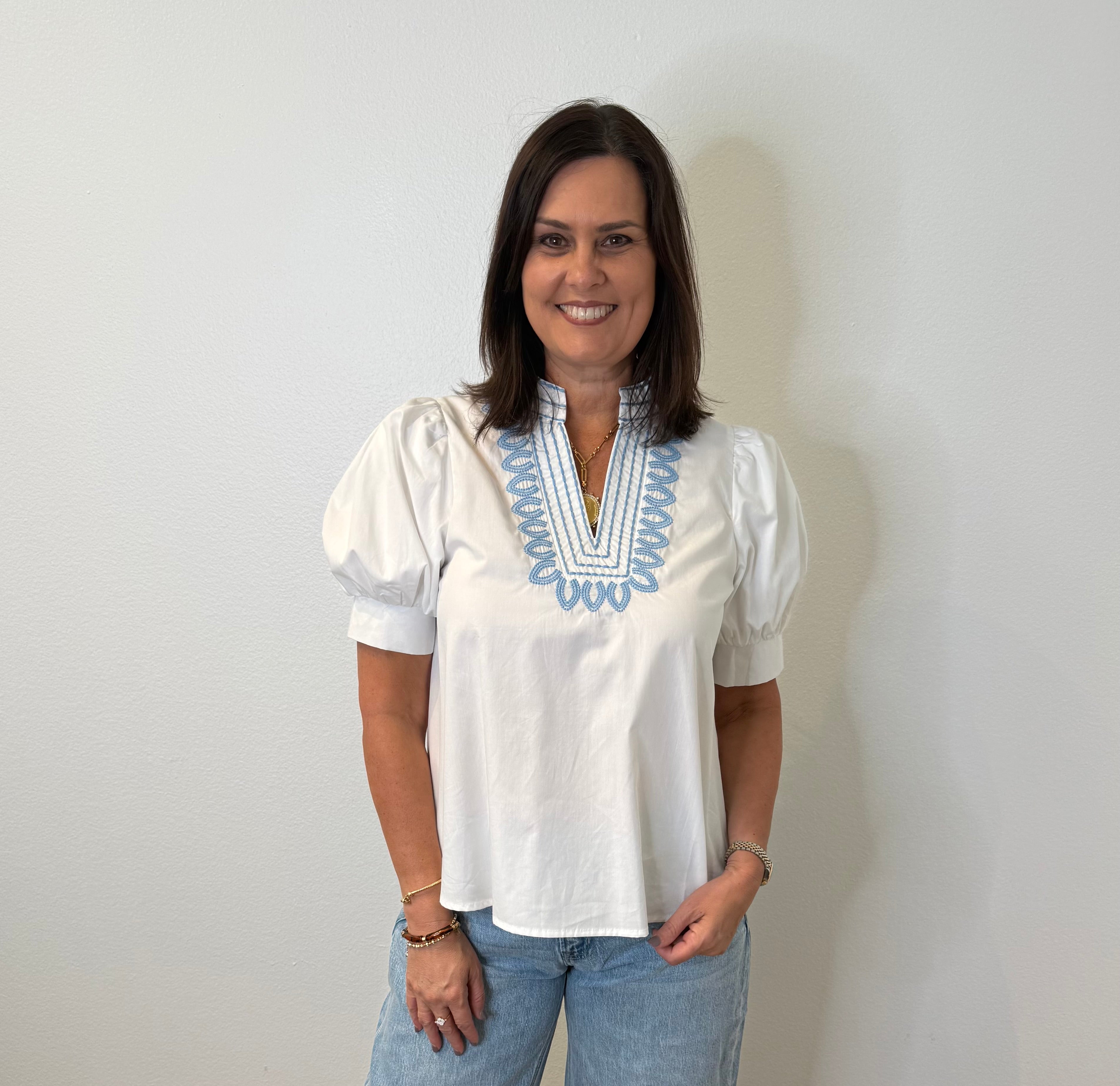 White/Blue Embroidered Blouse