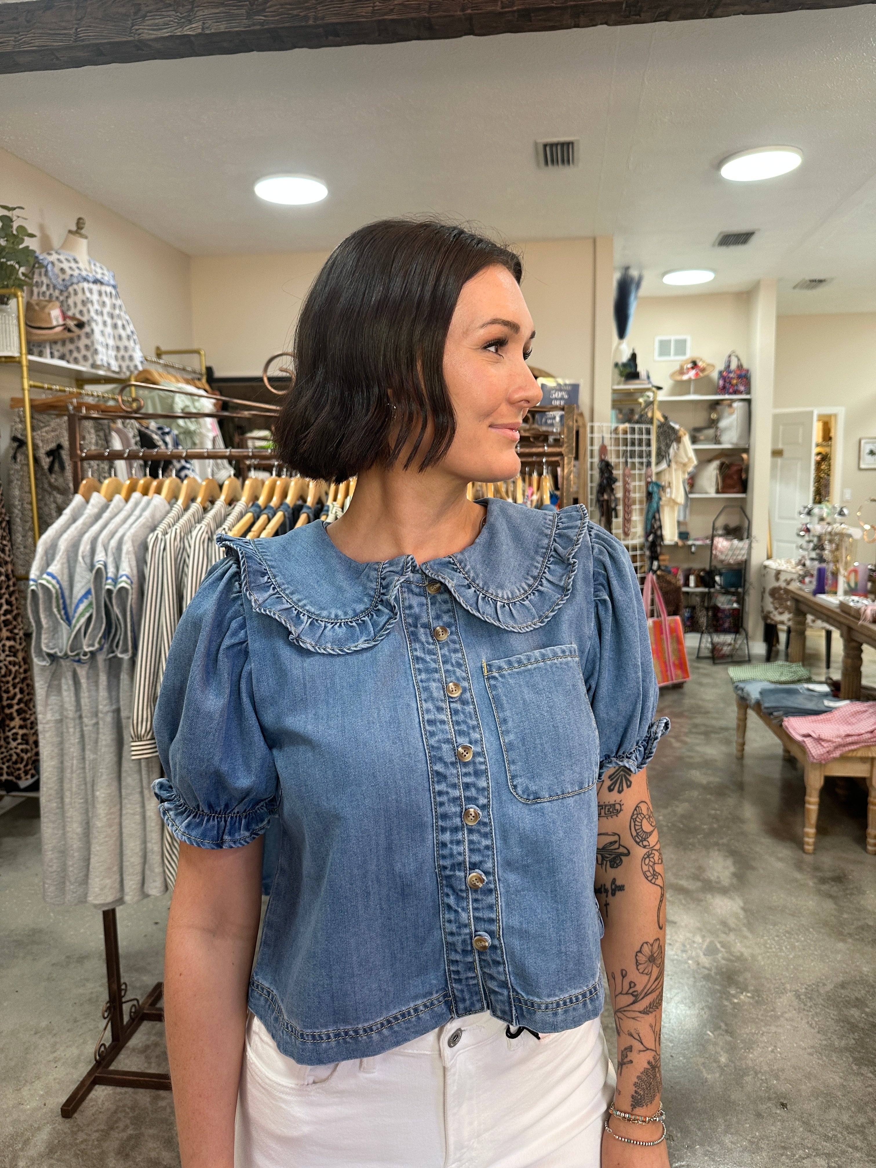 Denim Ruffle Blouse