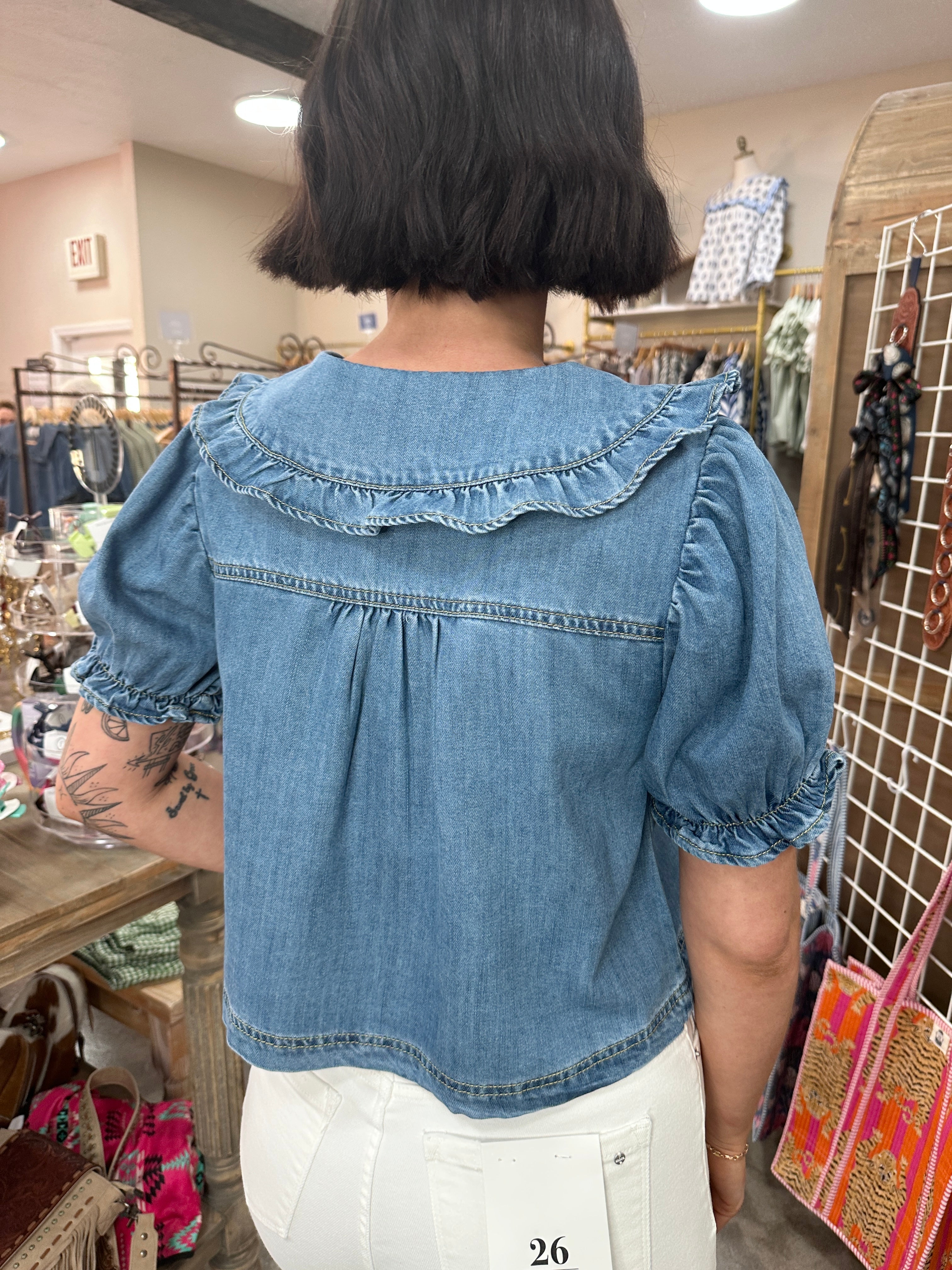 Denim Ruffle Blouse