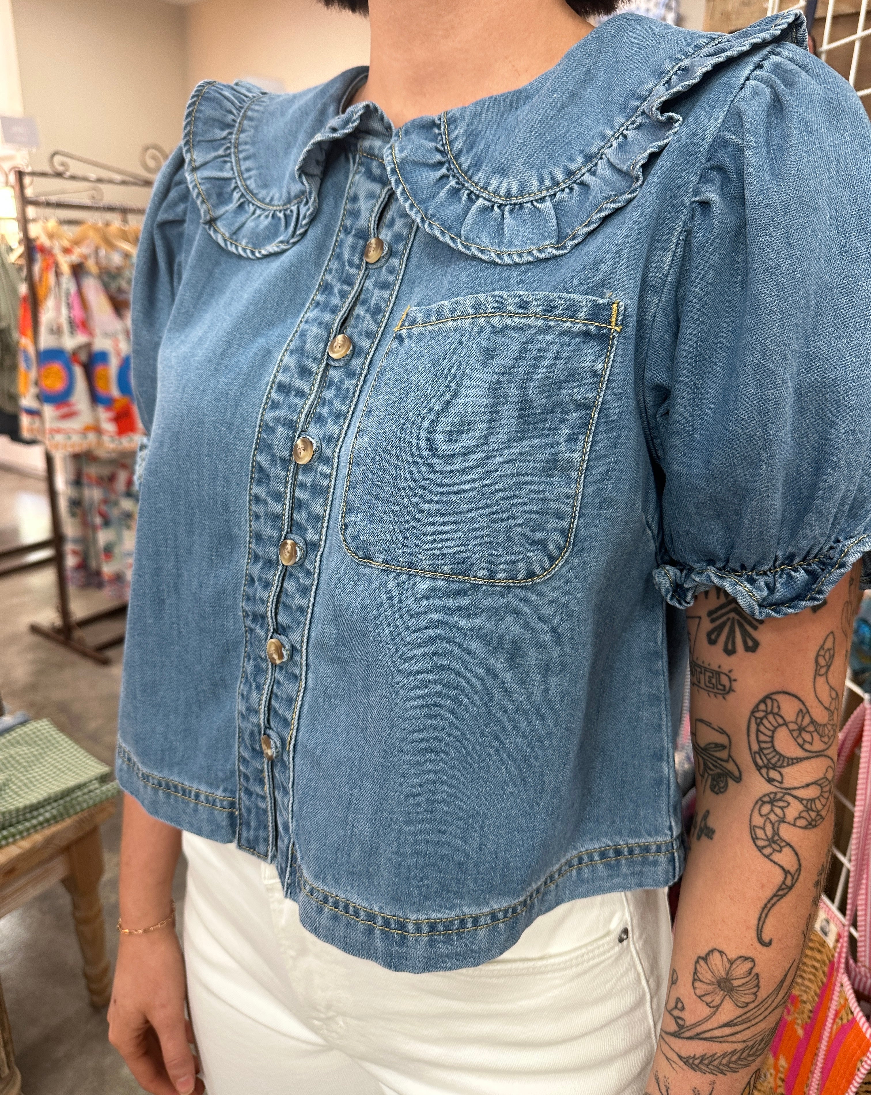 Denim Ruffle Blouse