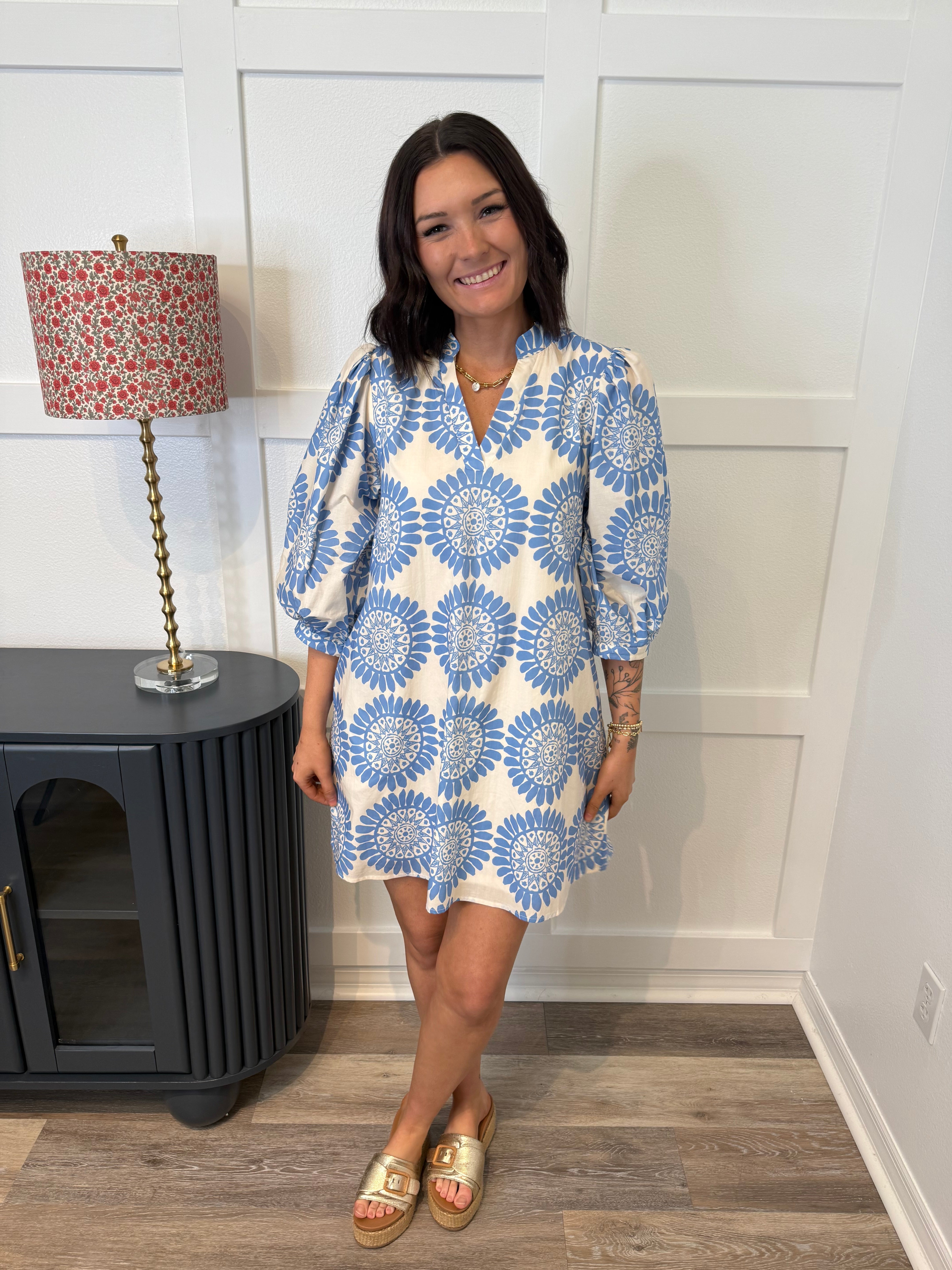 Blue and Cream Puff Sleeve Dress
