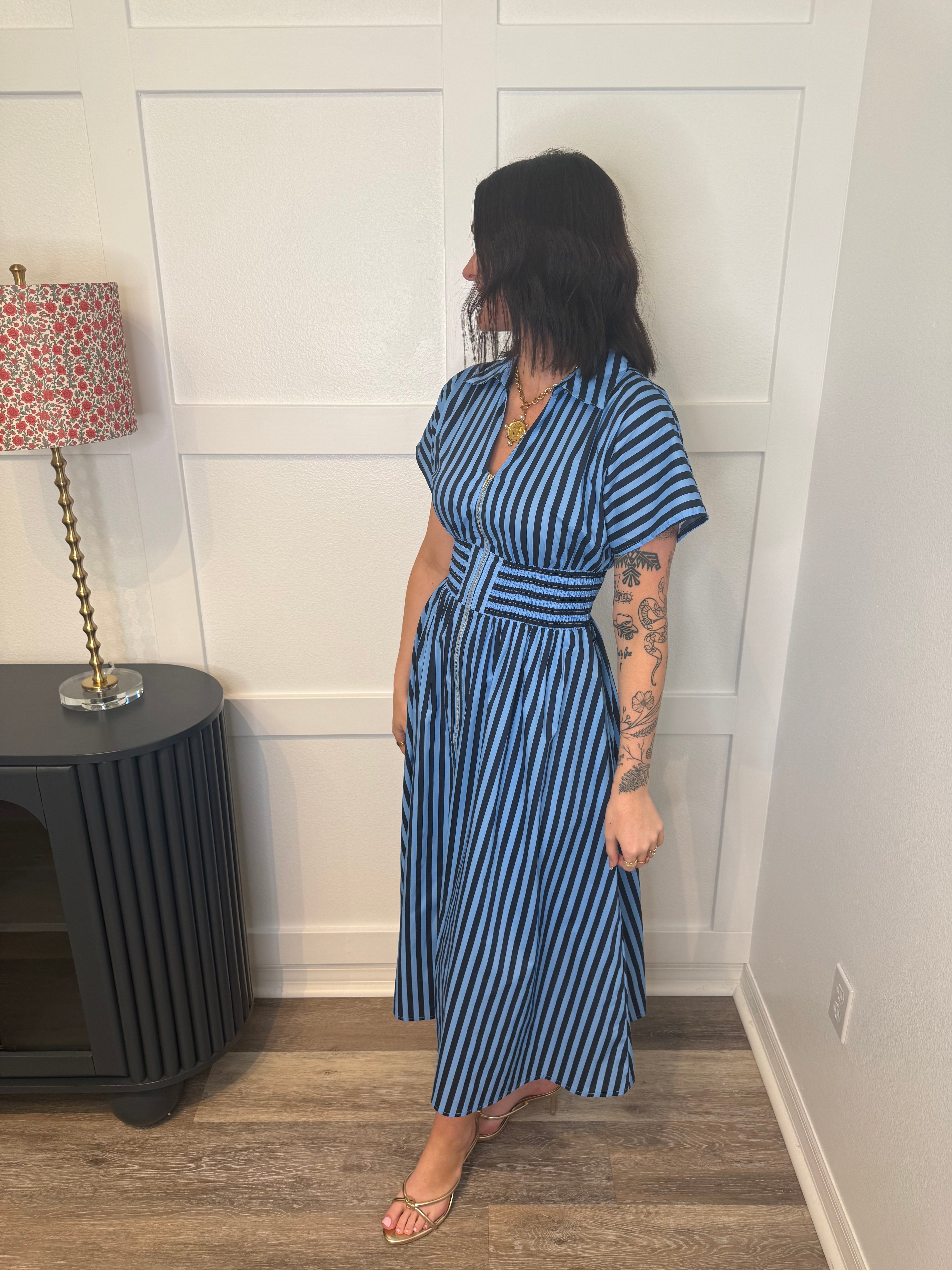 Navy Striped Midi Dress