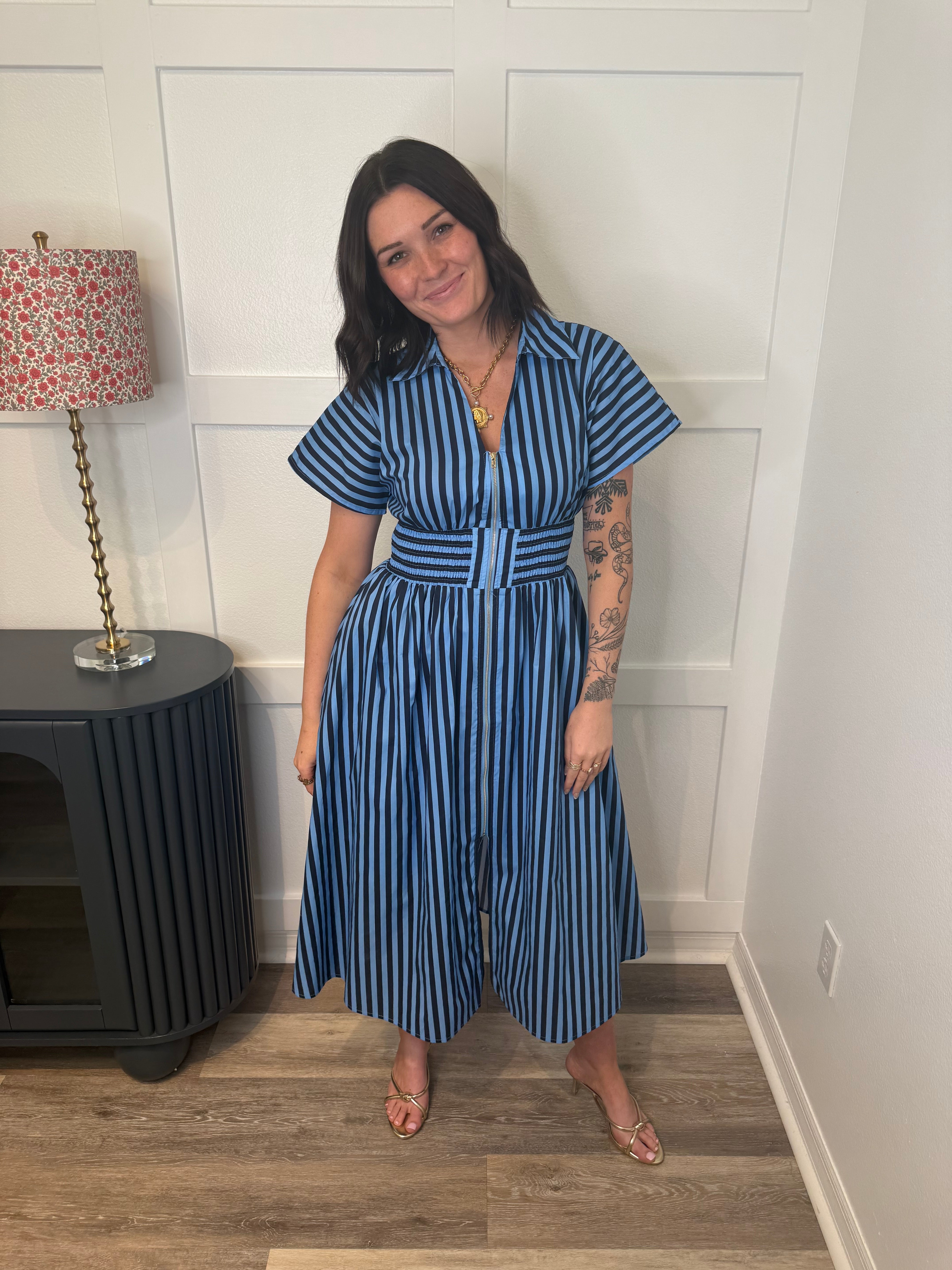 Navy Striped Midi Dress