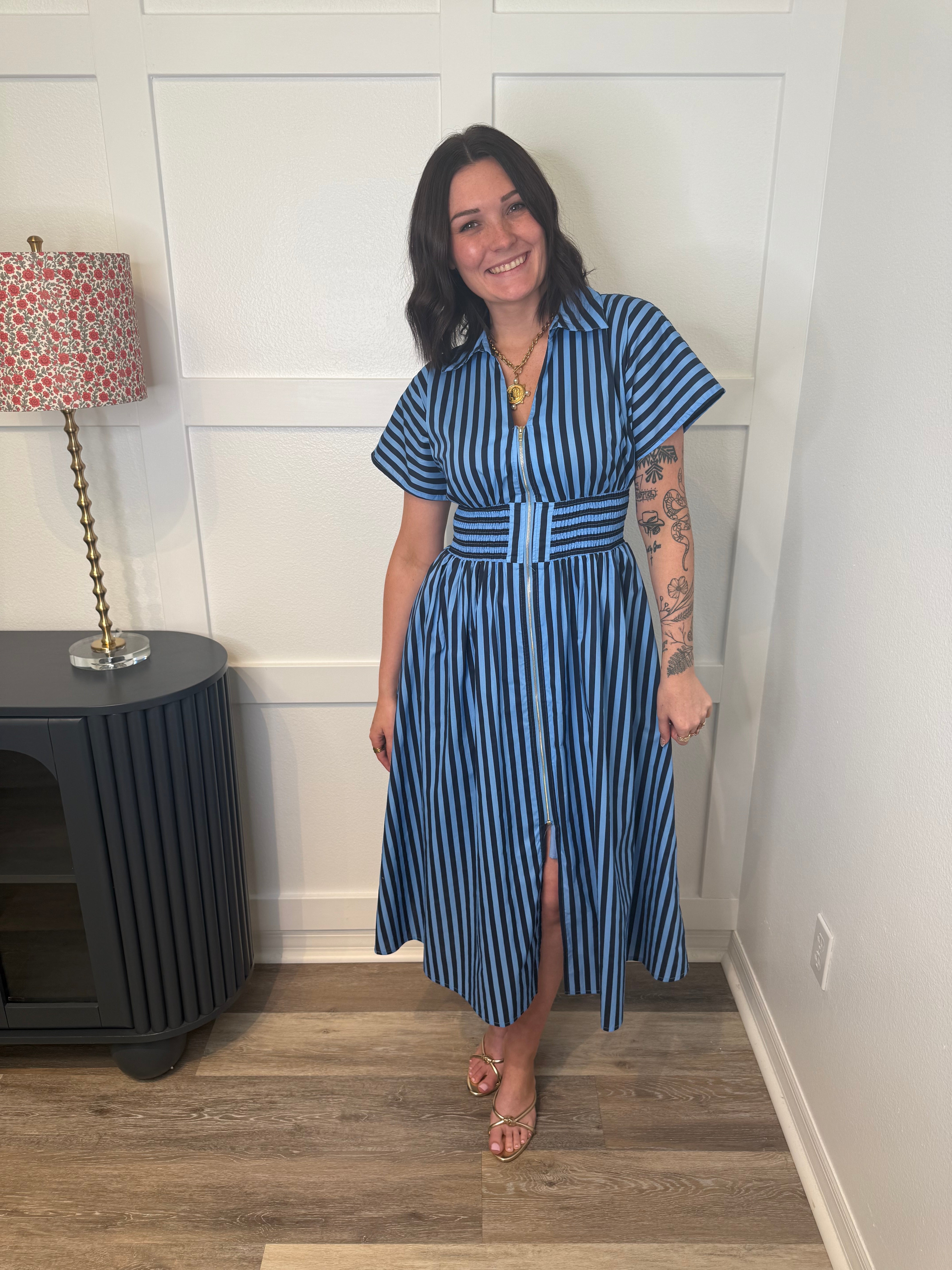Navy Striped Midi Dress