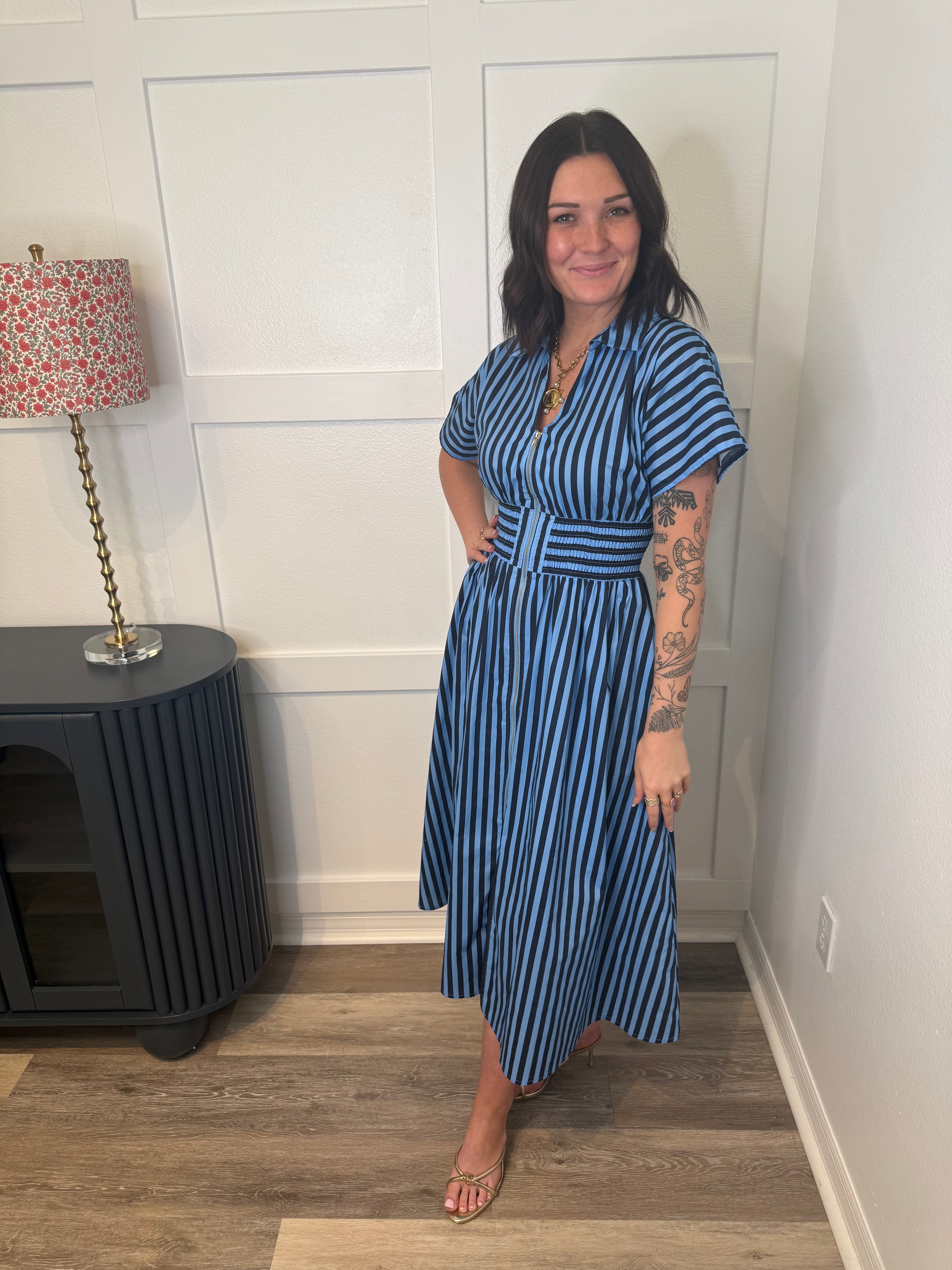 Navy Striped Midi Dress