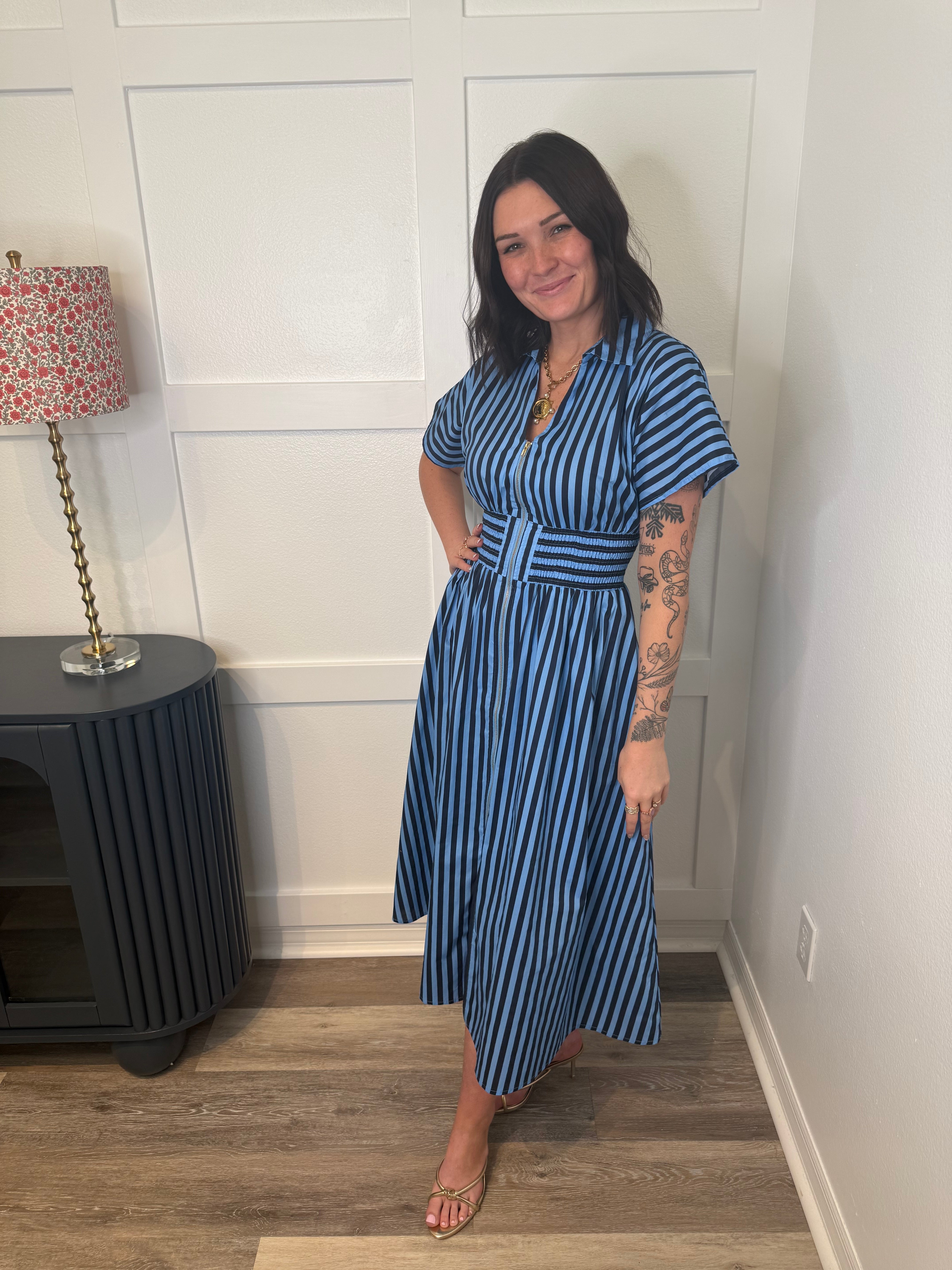 knee length dresses for ladies Ella Striped Midi Dress in Navy & Dove Stripes