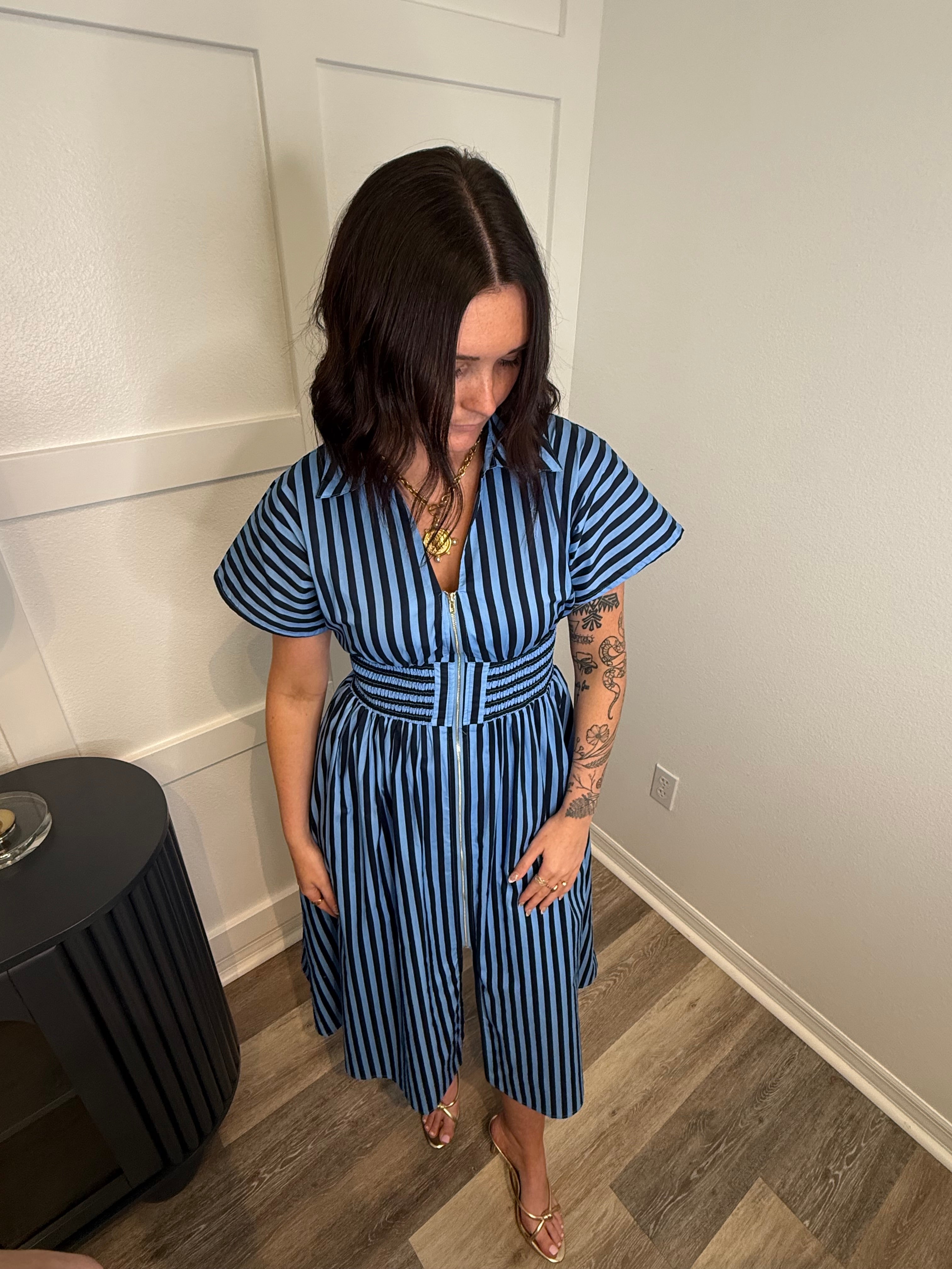 Navy Striped Midi Dress